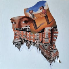 Small Worlds: Upside Down - collage and ink on panel