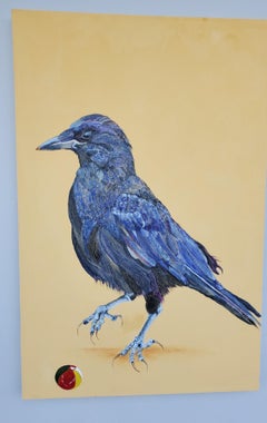 Avian Fables: Crow and Beach Ball - acrylic and ink on canvas