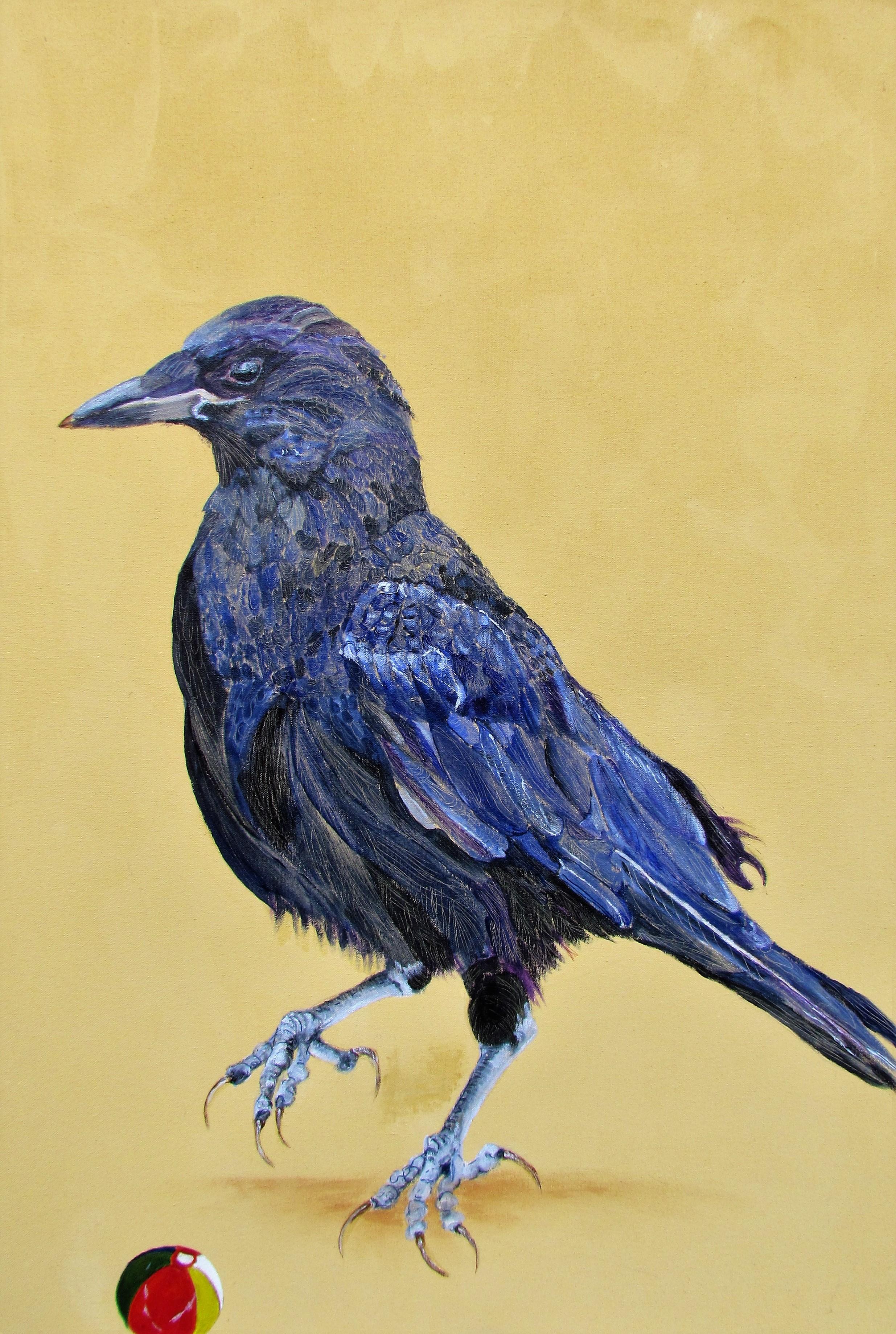 Alison Keenan Animal Painting - Avian Fables: Crow and Beach Ball - acrylic and ink on canvas