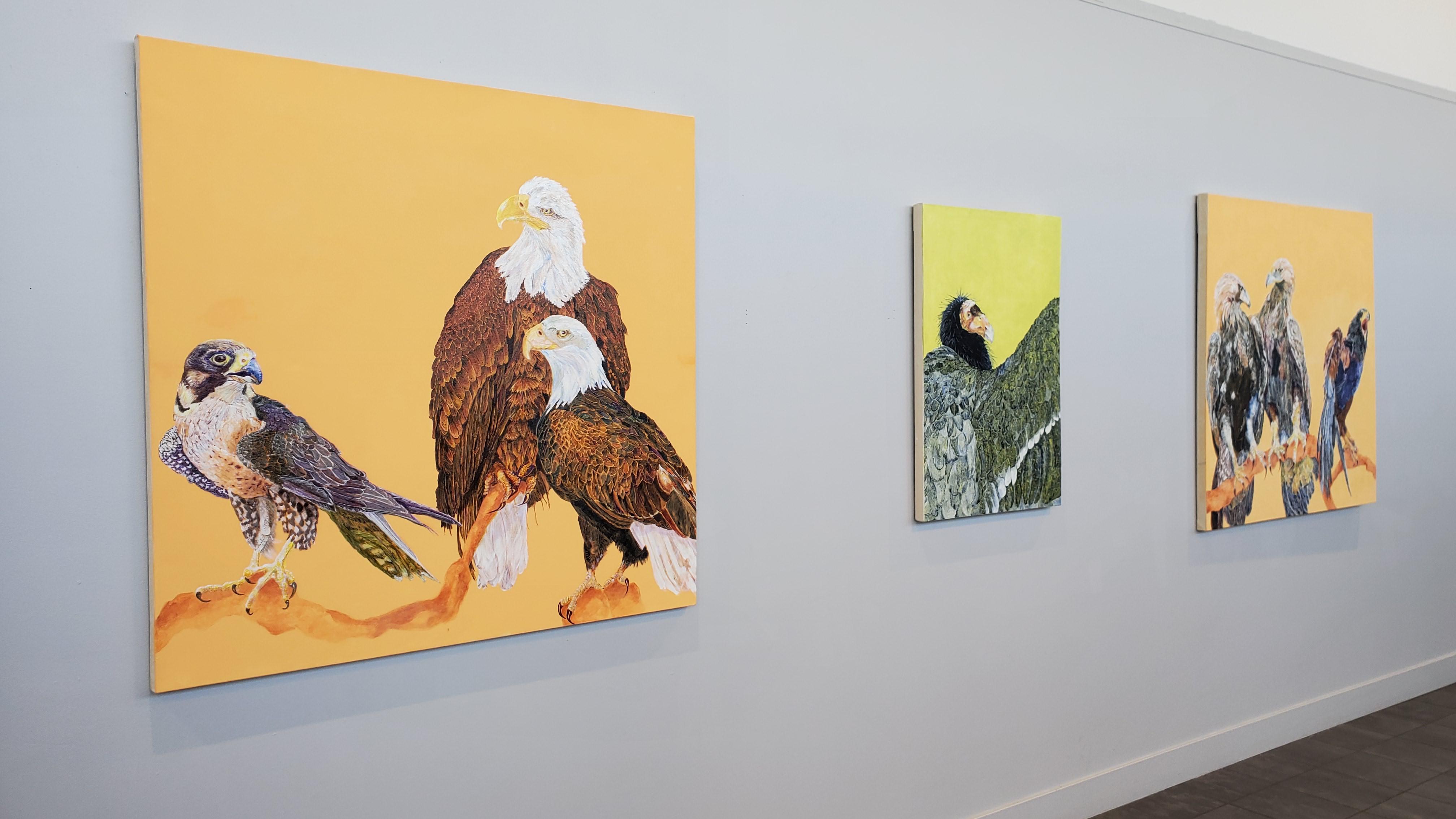 Avian Fables: Eagles and Hawk - acrylic and ink on canvas - Painting by Alison Keenan