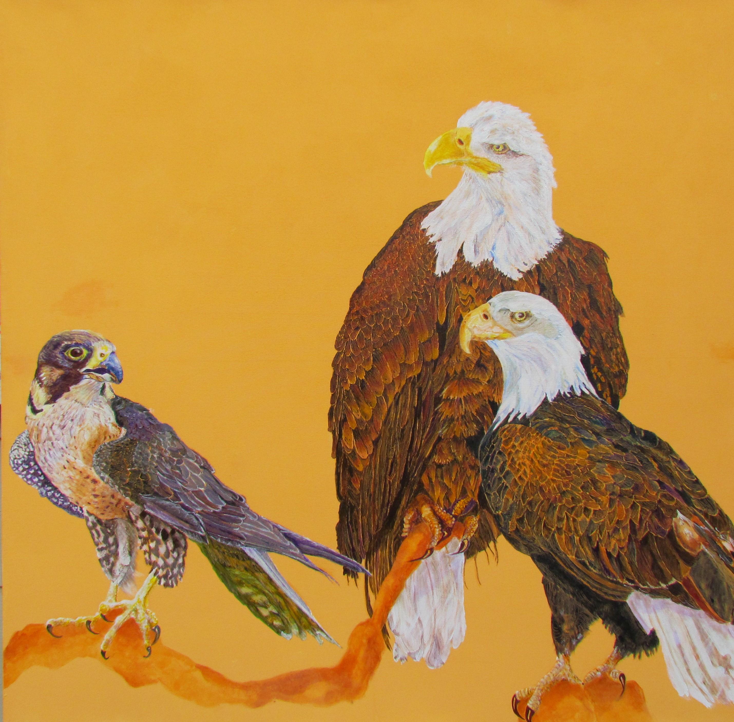 Alison Keenan Animal Painting - Avian Fables: Eagles and Hawk - acrylic and ink on canvas