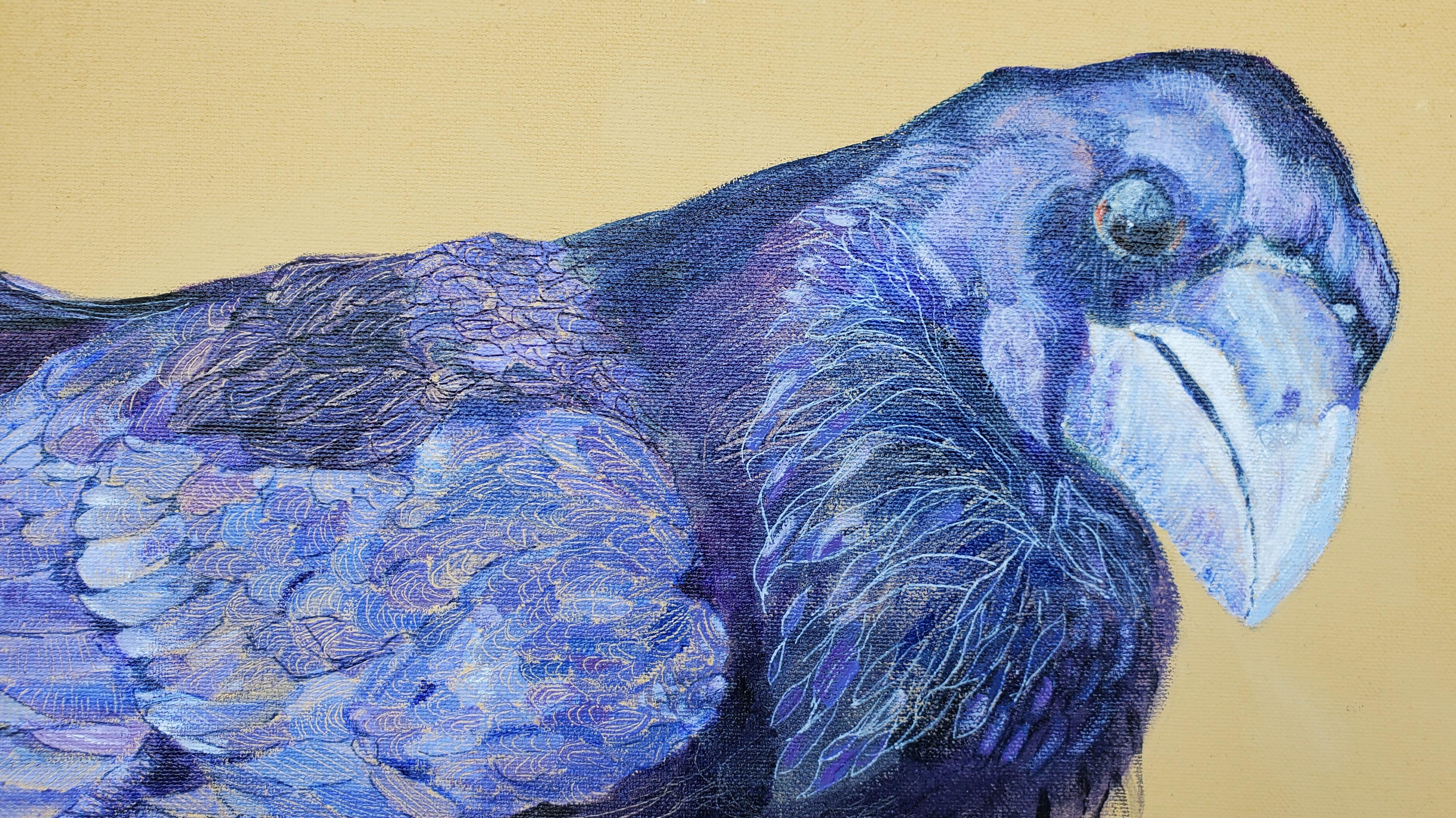 Avian Fables: Raven and Beach Ball 1 - acrylic and ink on canvas - Painting by Alison Keenan