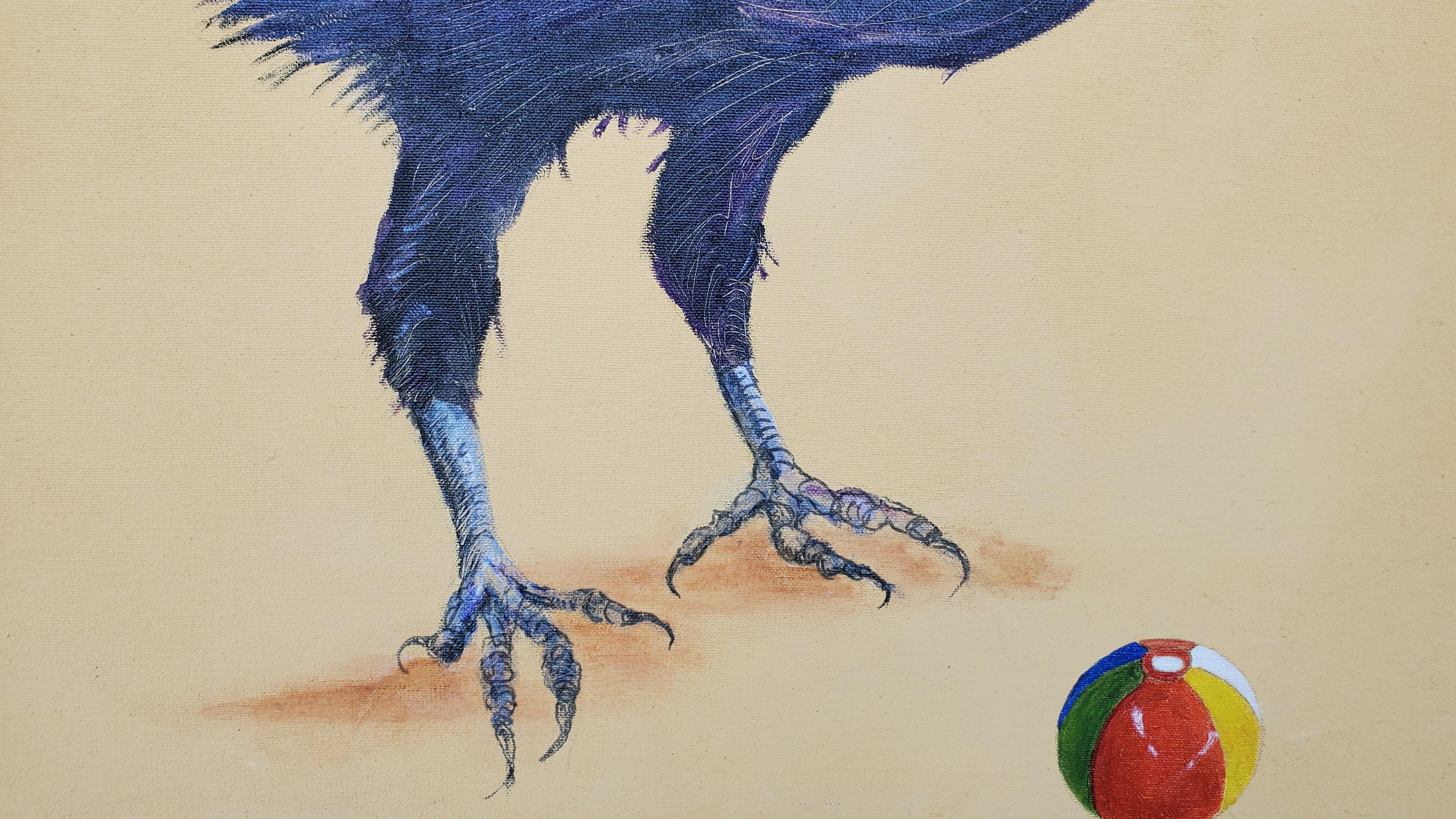 Avian Fables: Raven and Beach Ball 1 - acrylic and ink on canvas For Sale 2