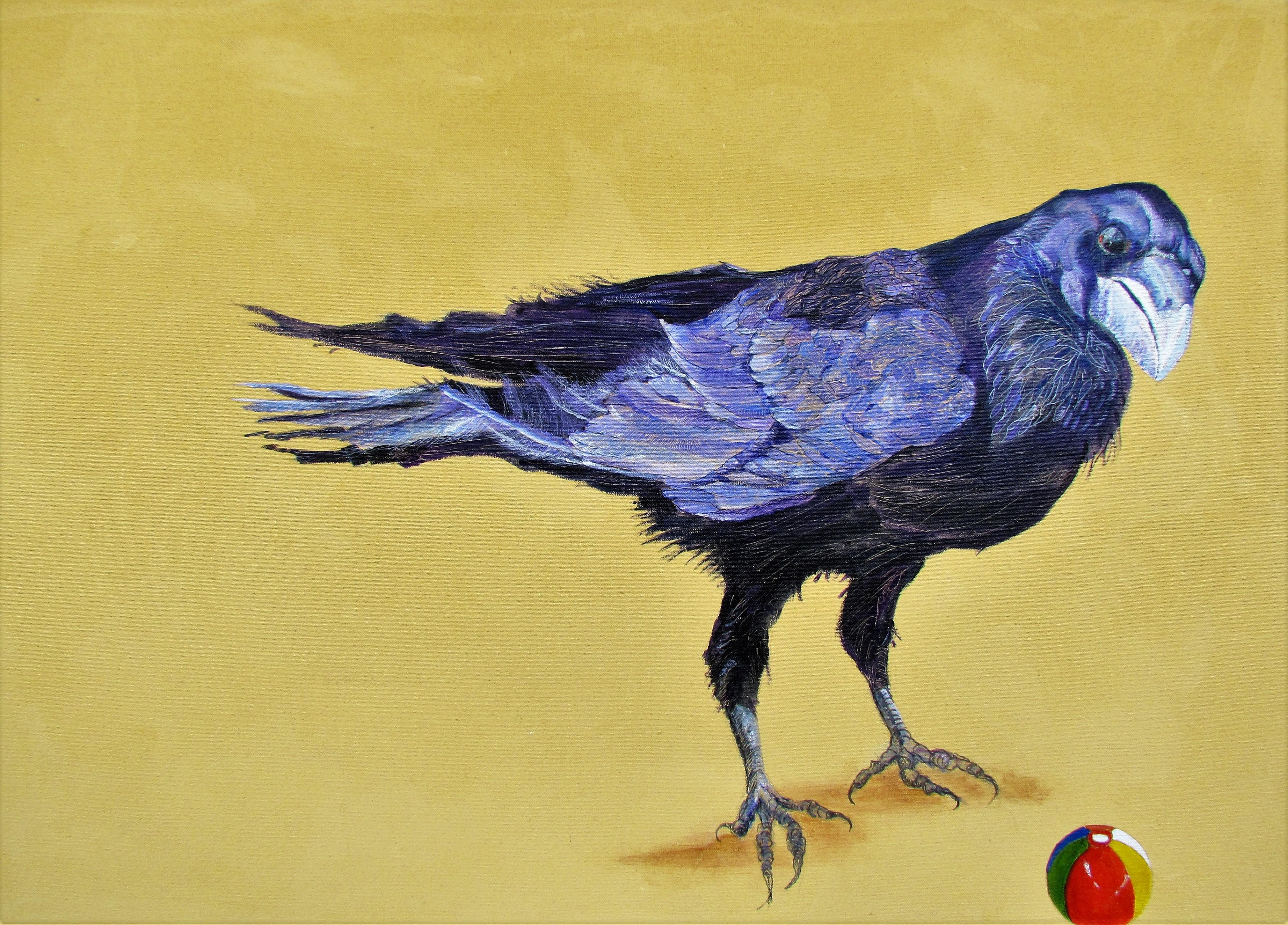 Alison Keenan Animal Painting - Avian Fables: Raven and Beach Ball 1 - acrylic and ink on canvas