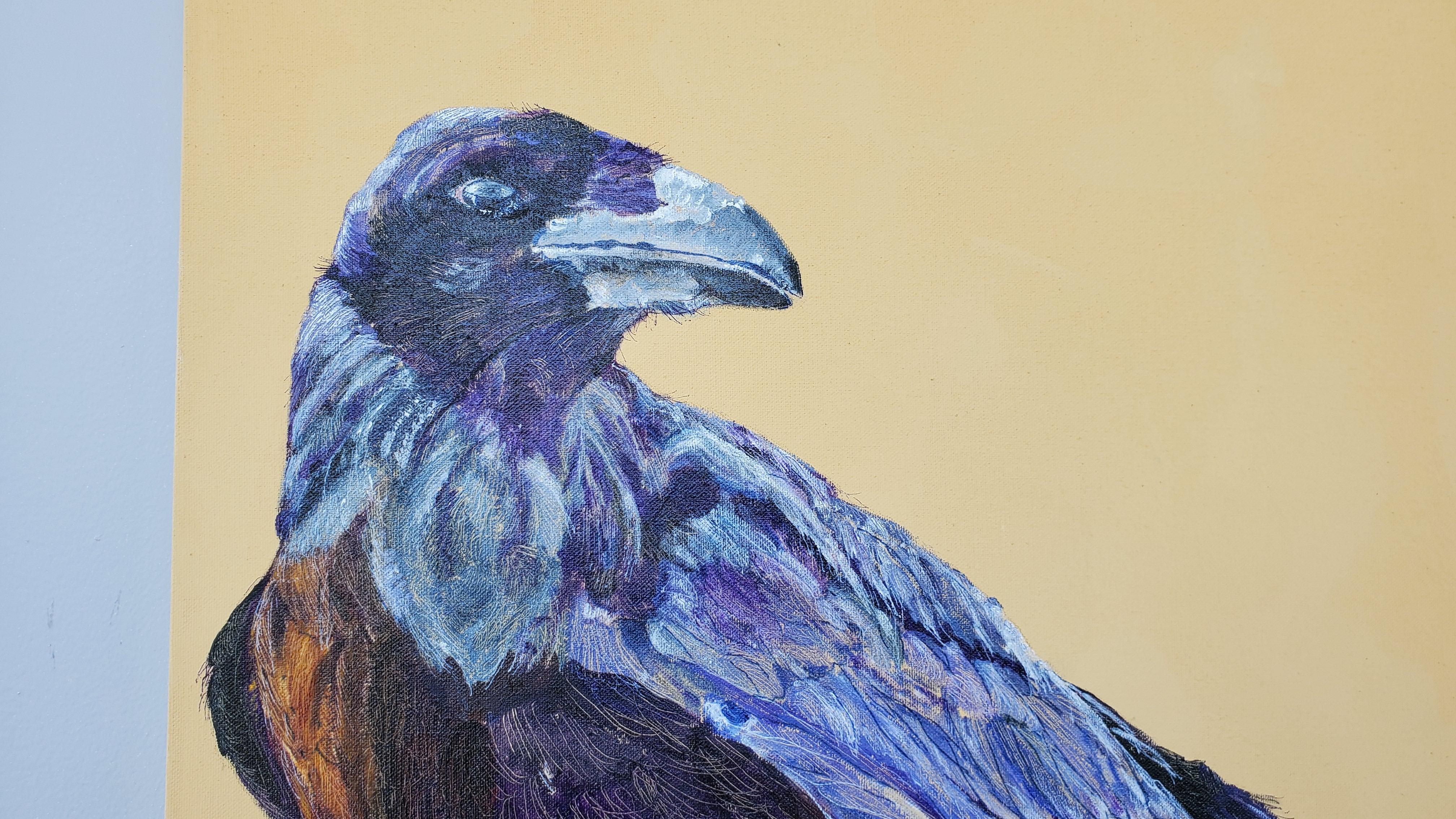 Avian Fables: Raven and Beach Ball 2 - acrylic and ink on canvas - Painting by Alison Keenan