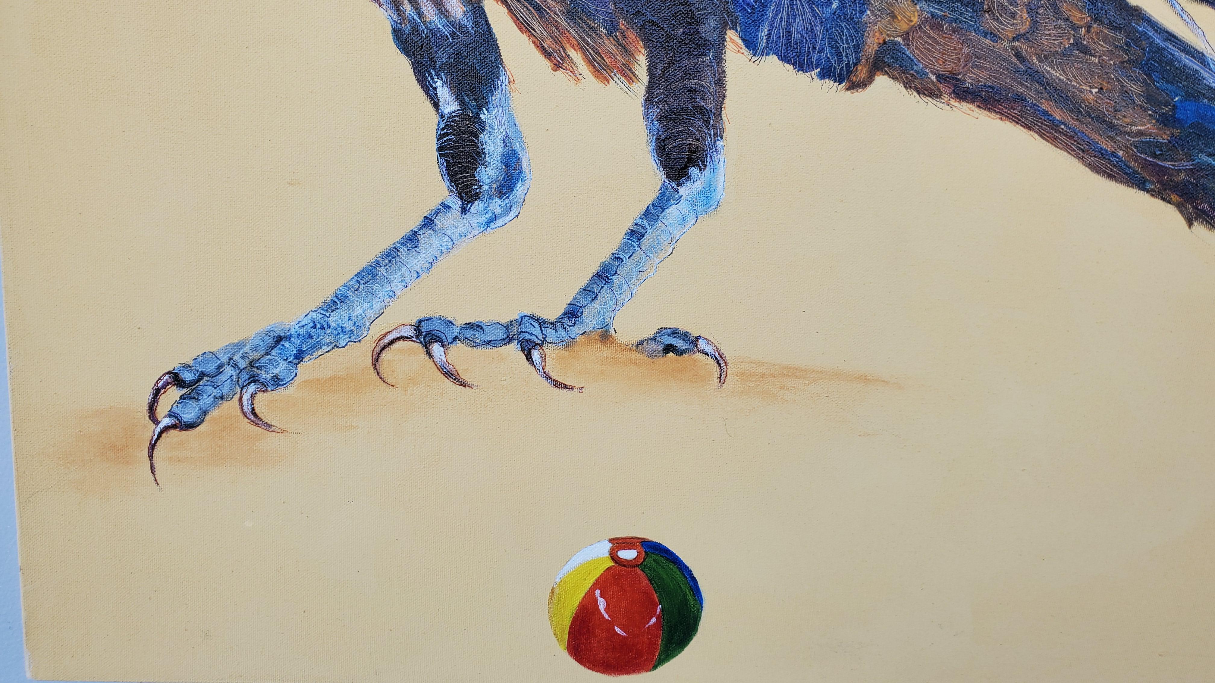 Avian Fables: Raven and Beach Ball 2 - acrylic and ink on canvas - Contemporary Painting by Alison Keenan