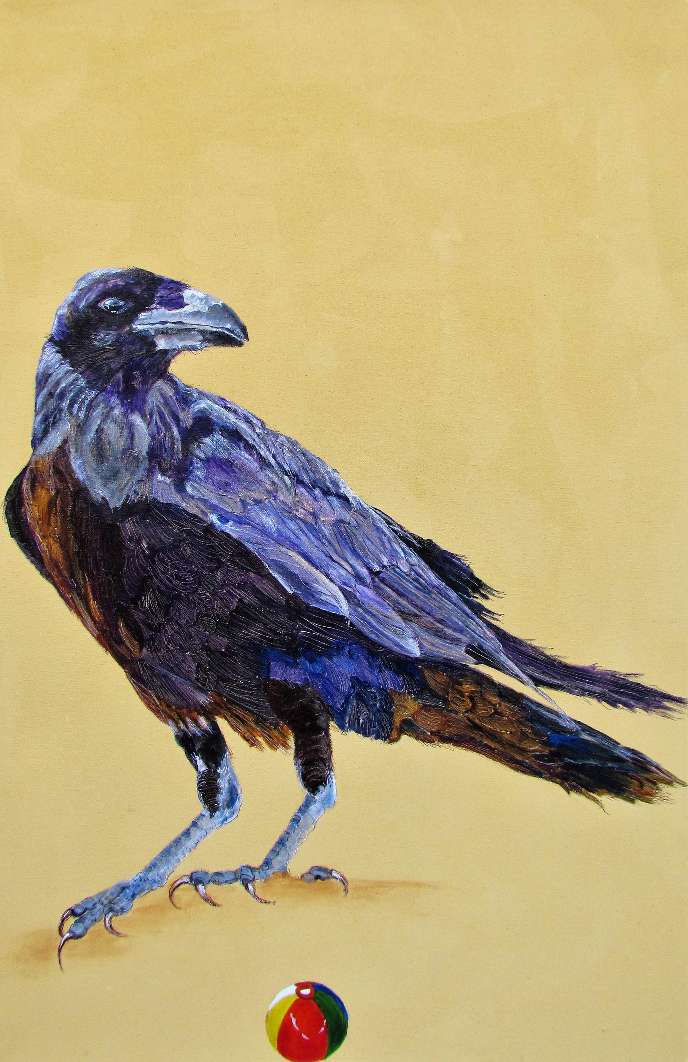 Alison Keenan Animal Painting - Avian Fables: Raven and Beach Ball 2 - acrylic and ink on canvas
