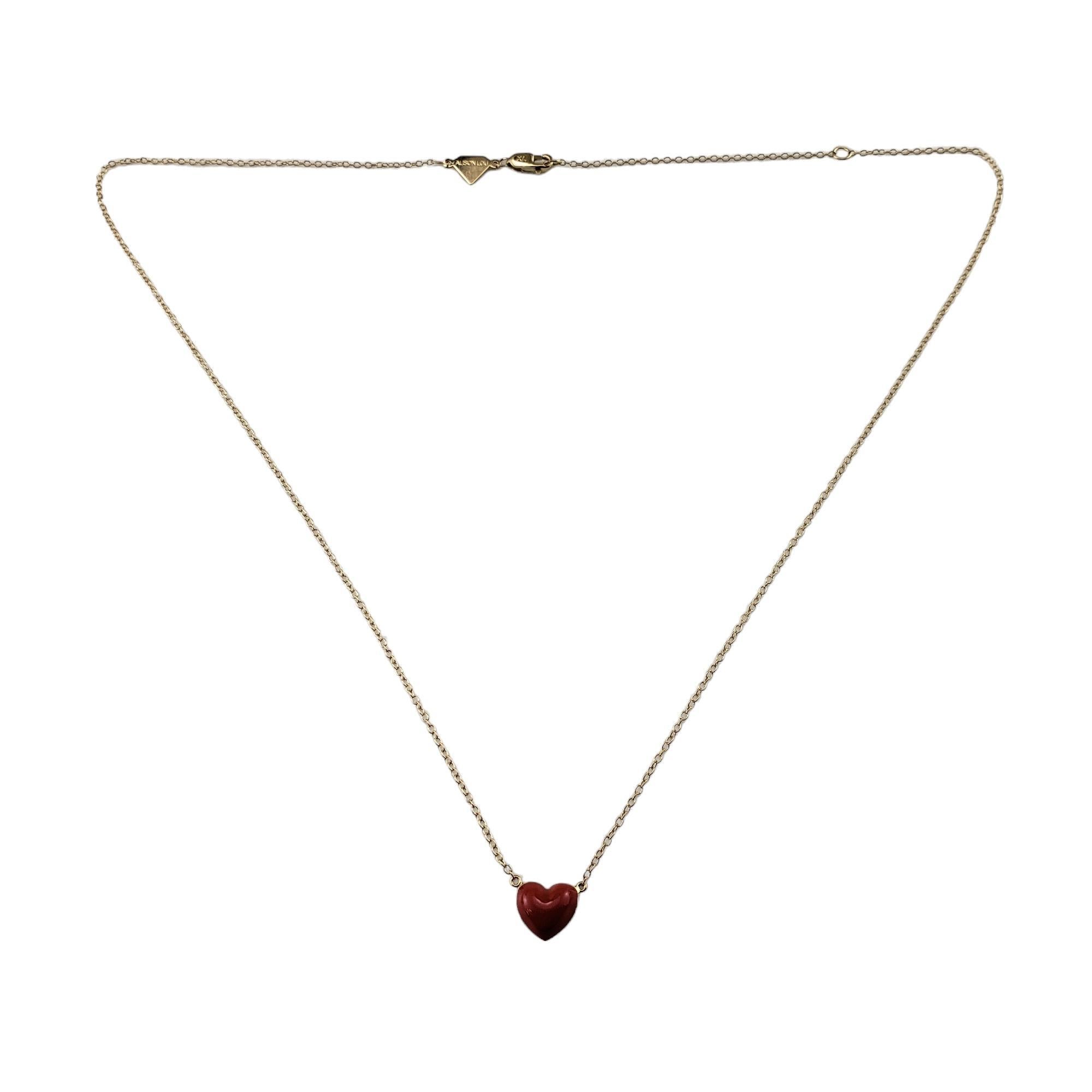 Vintage 14 Karat Yellow Gold Enamel Heart Necklace-

This lovely necklace by Alison Lou features a beautifully crafted red enamel heart set on a delicate 14K yellow gold chain.

Size:  18.25 inches (necklace)
          0.3 inches x 0.3 inches