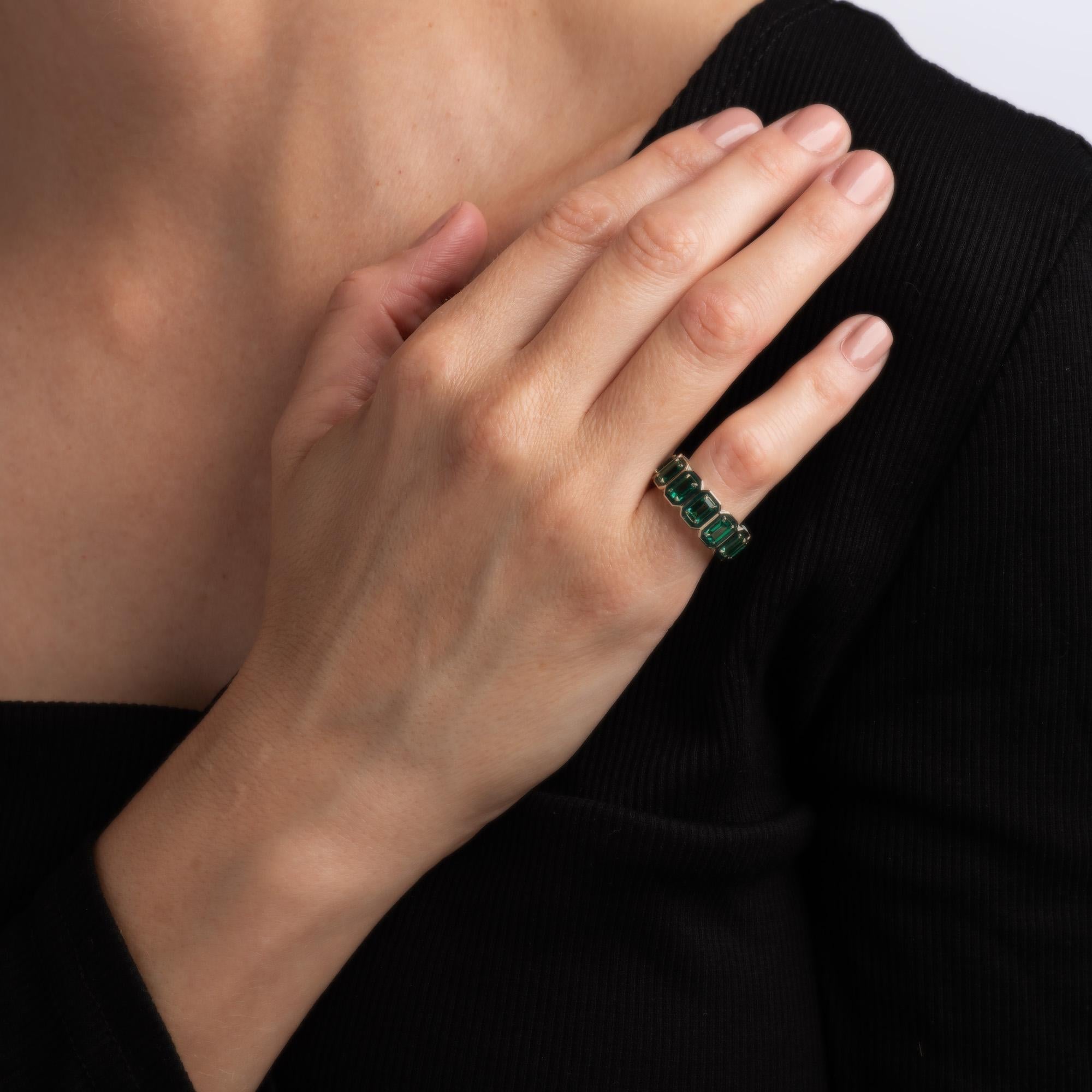 Overview:

Stylish pre-owned Alison Lou created emerald rectangular eternity ring crafted in 14 karat yellow gold. 

Created emeralds each measure 4.5mm x 3mm. The stones are in very good condition and free of cracks or chips. 

The eternity band