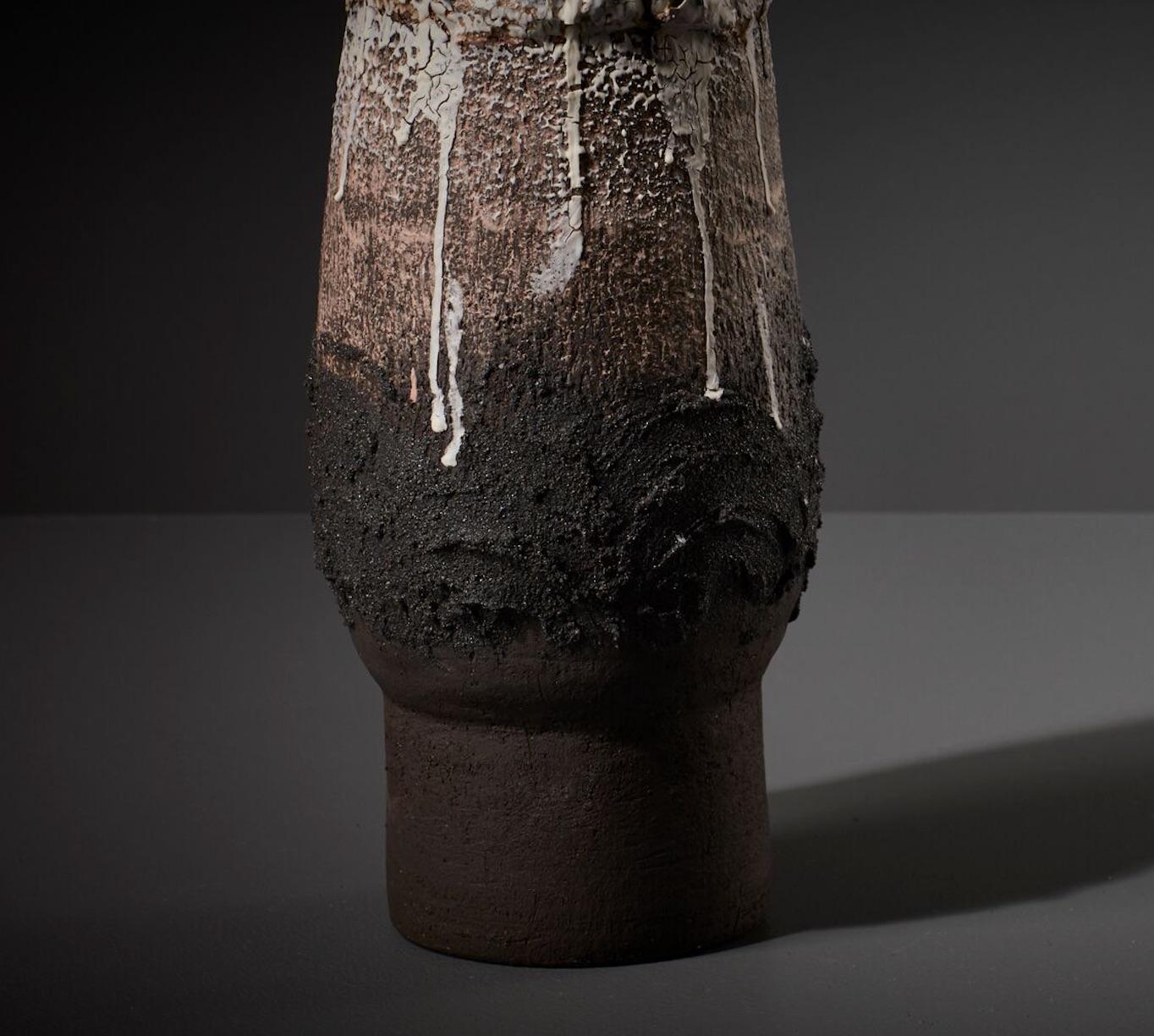 Modern Alison Lousada Sculpted Ceramic Bottle Black Volcanic Glaze Vessel For Sale