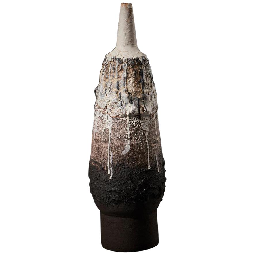 Alison Lousada Sculpted Ceramic Bottle Black Volcanic Glaze Vessel For Sale