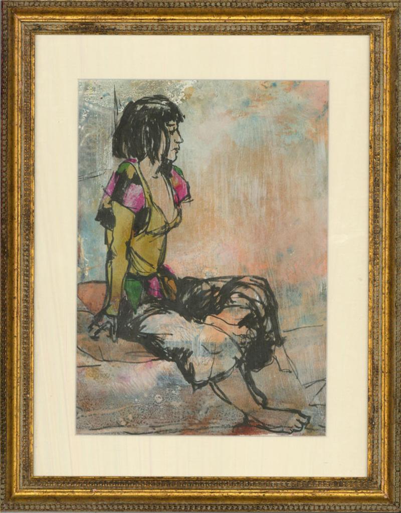 A striking mixed media portrait of a young woman with short black hair, in a pink and yellow dress with flashes of green. The artist has used a mix of watercolour, ink and acrylic. The painting has been presented in a textured gilt frame with ripple