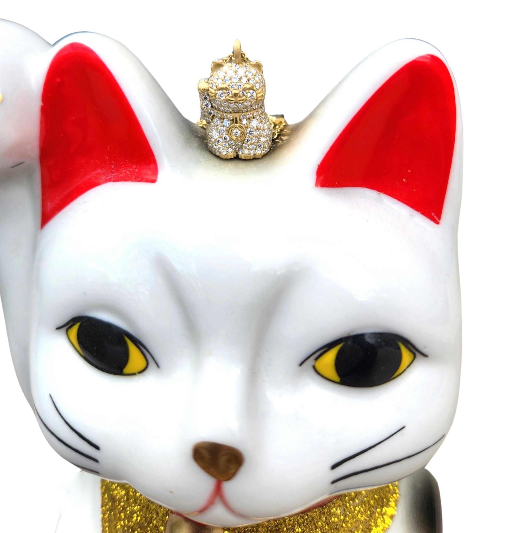 Brilliant Cut Alison Nagasue Gold Blinged out Diamond Hope Cat with Cherry Blossom Necklace For Sale