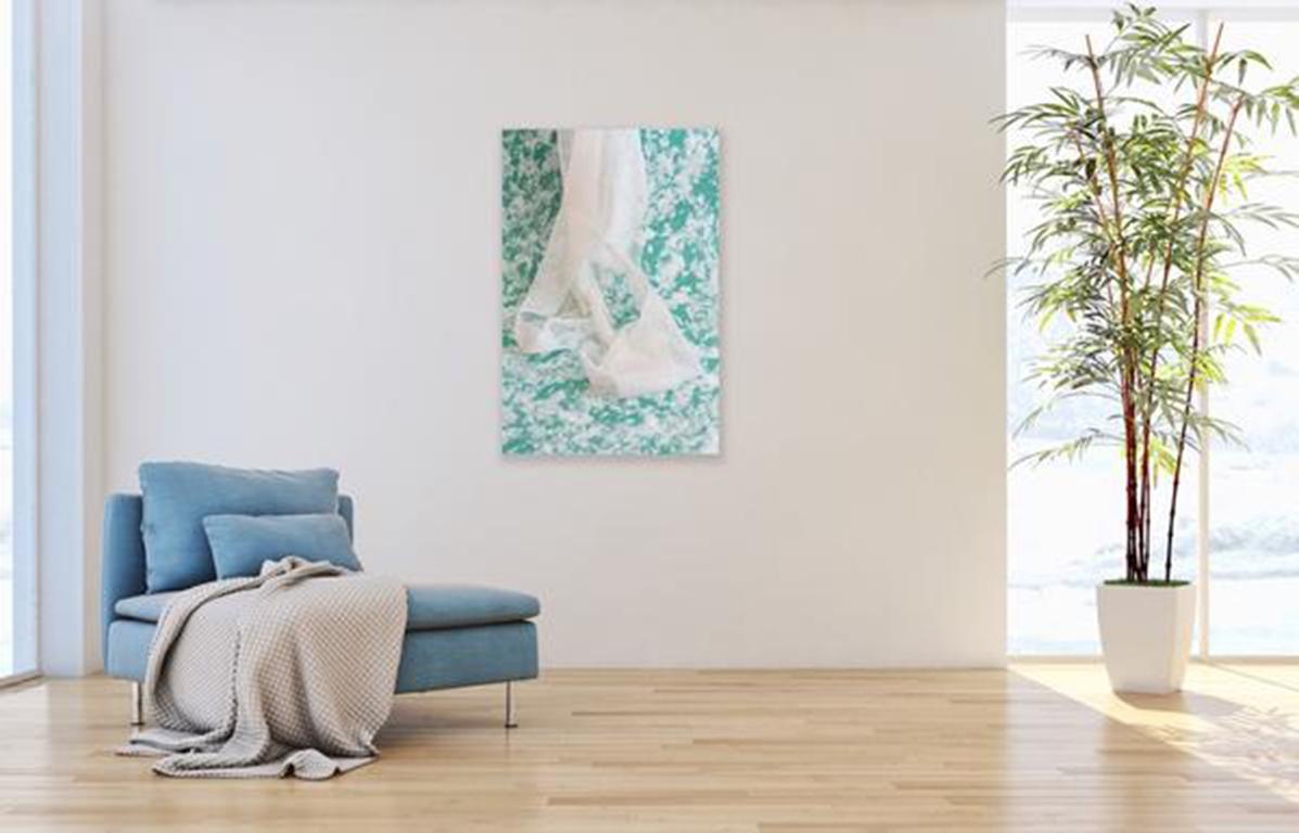 the precise location (of a place) - Turquoise photo, draped white fabric (24x36) - Contemporary Print by Alison Postma
