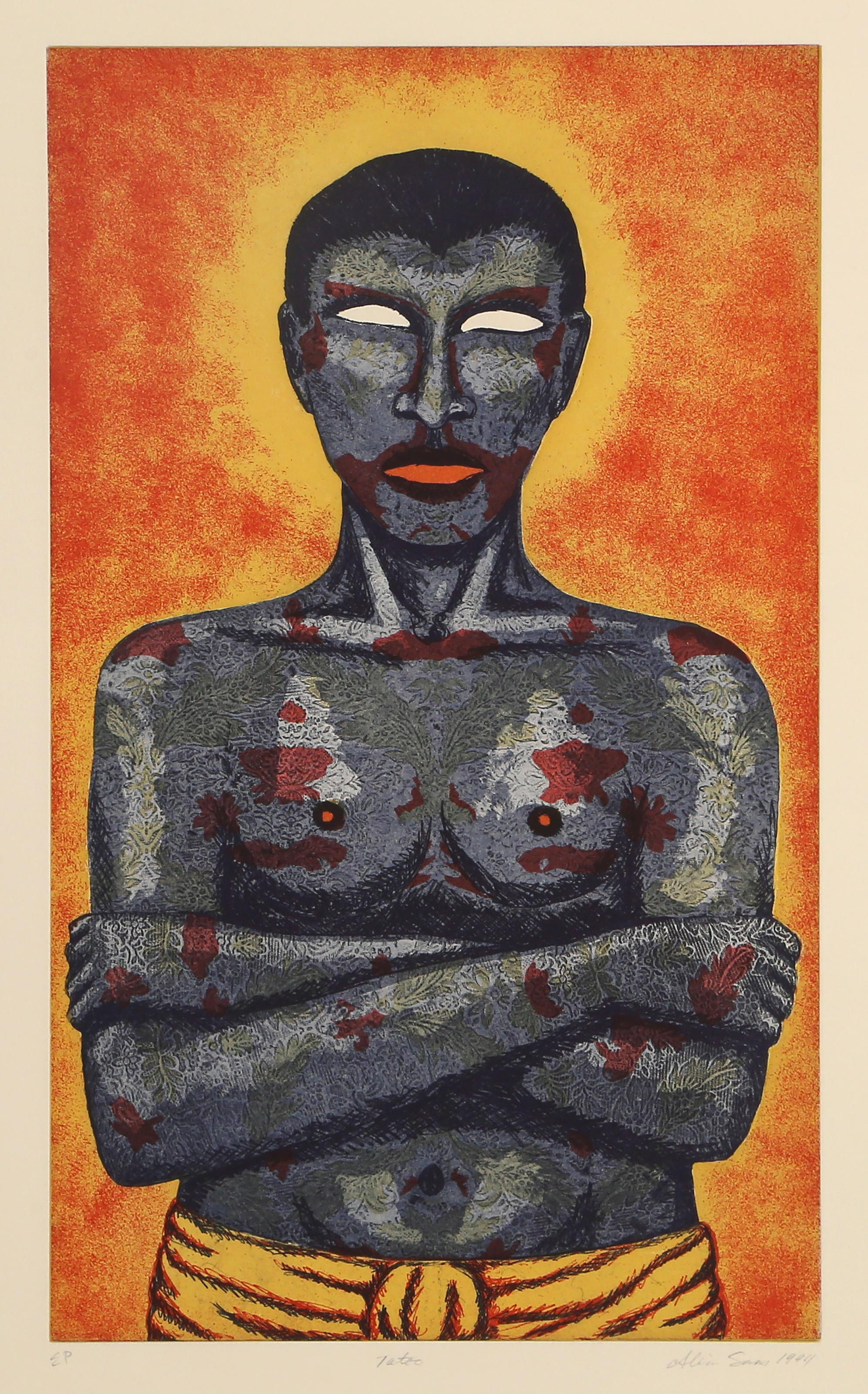 Alison Saar (1956 - ) - Tatoo, Year:  1994, Medium:  Softground etching and aquatint on BFK Rives, signed, titled and numbered in pencil, Edition:  20, EP, Image Size:  22 x 13 inches, Size:  30 x 22 in. (76.2 x 55.88 cm), Printer:  Vinalhaven