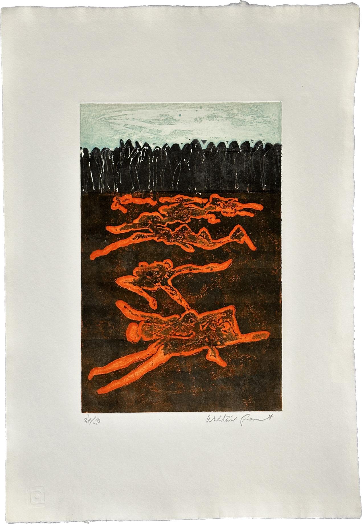 Alistair Grant
Wailing Women - 1968
Print - etching, with Aquatint   16'' x 24'' inches
Edition: signed and marked in pencil 36/50
image size = 8.75 x 13.5"
Unframed in Excellent Condition

Alistair Grant was a great and justly-revered experimental