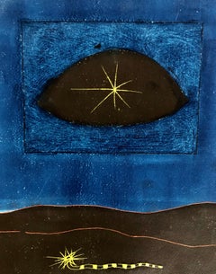 Modern British Surrealist Abstract Bold Color Aquatint Etching Print Ojo Amarillo