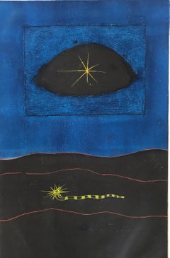 Modern British Surrealist Abstract Bold Color Aquatint Etching Print Yellow Eye