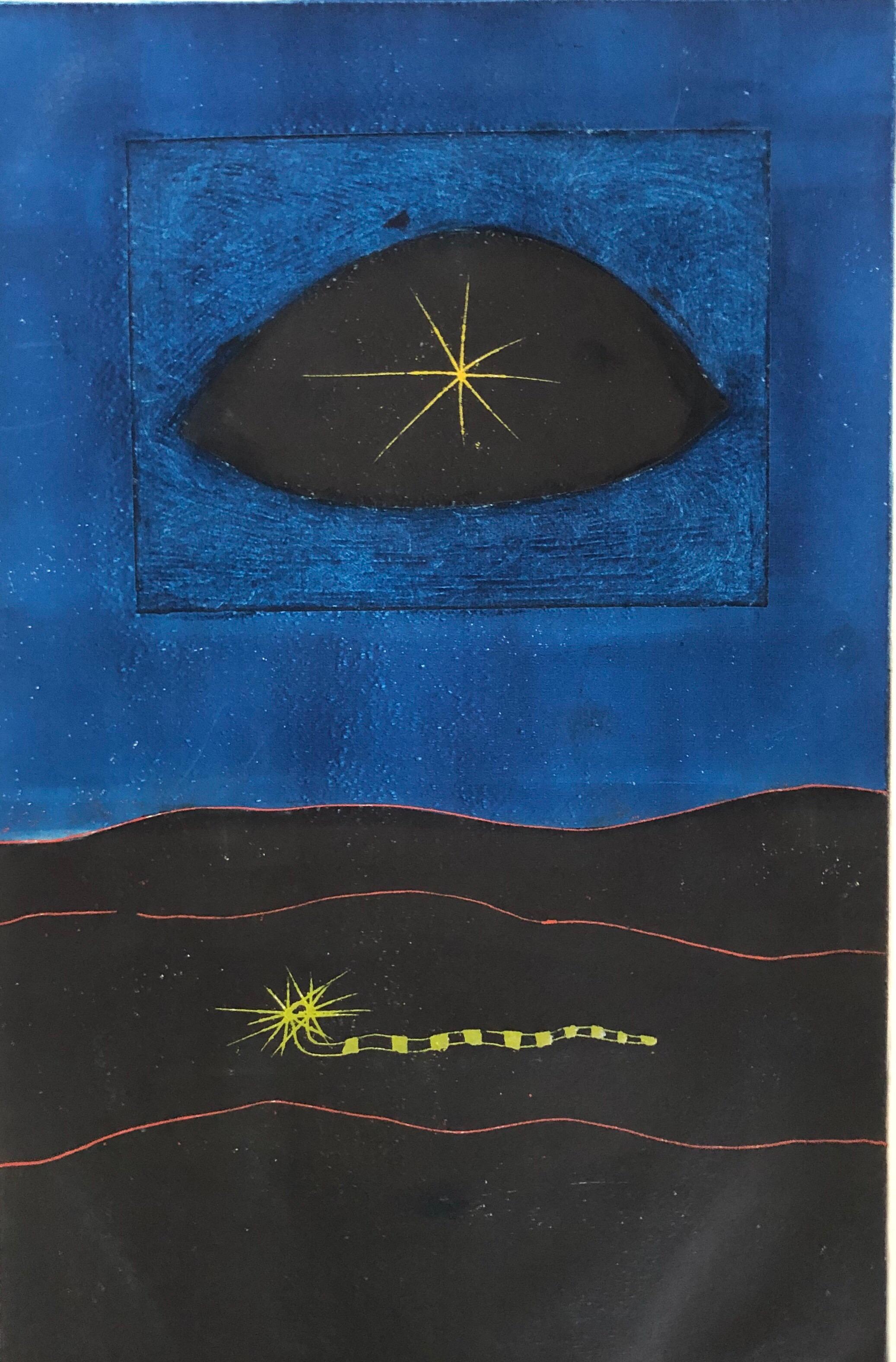 Alistair Grant Abstract Print - Modern British Surrealist Abstract Bold Color Aquatint Etching Print Yellow Eye 