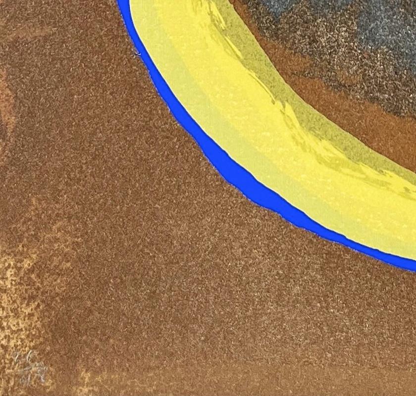 Il ponte di Etaples, 1987 - Stampa astratta in marrone con giallo e verde - Abstract Print Marrone di Alistair Grant