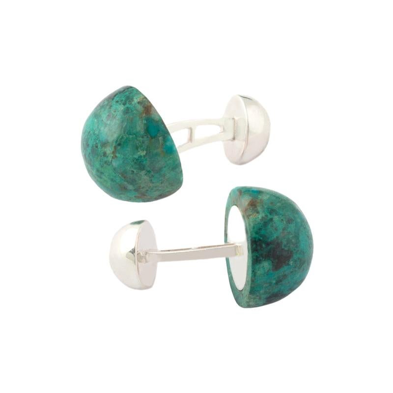 Gemstone Cufflinks, Cabochon of Green Chrysocolla set in Sterling Silver For Sale
