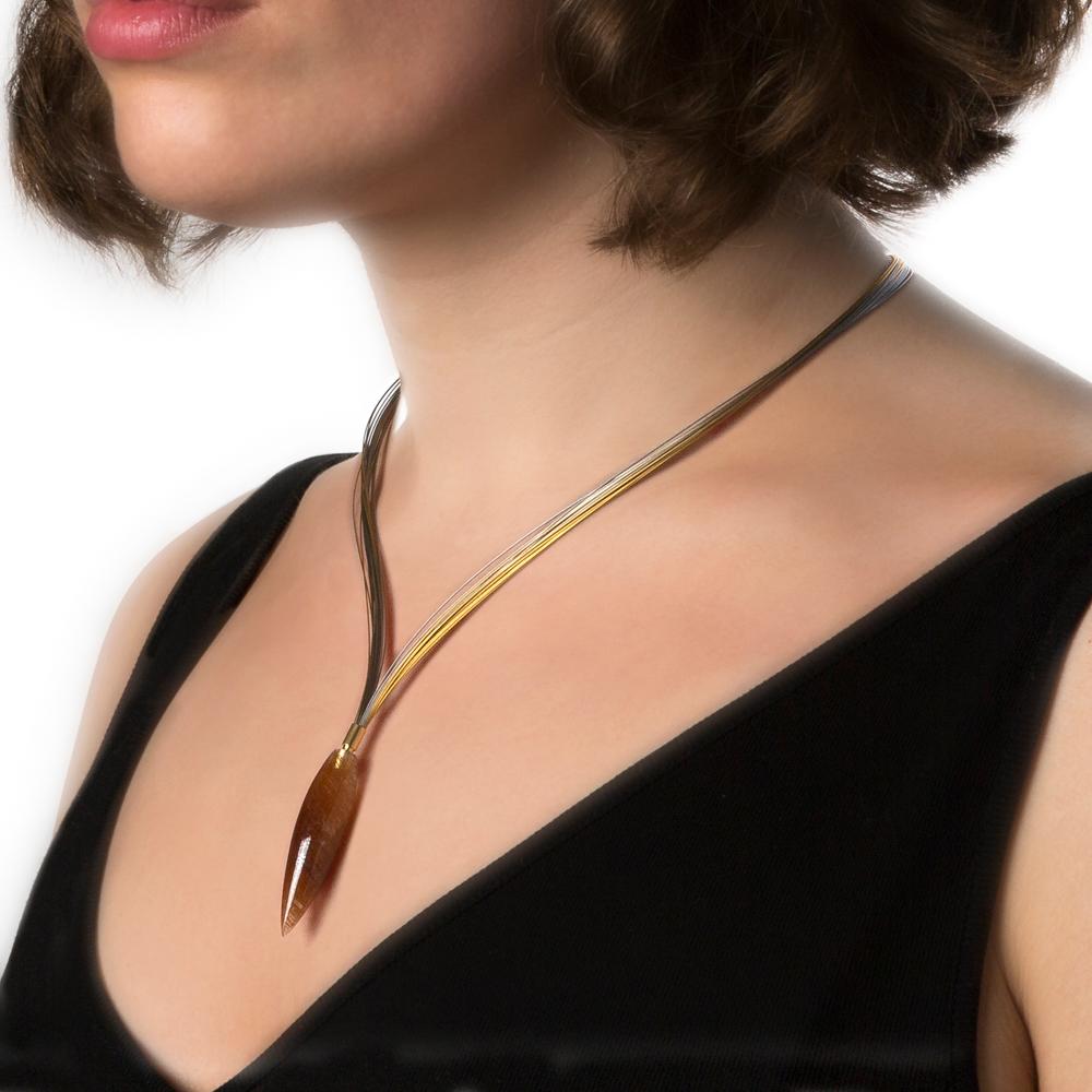 Women's Teardrop Pendant Rutilated Quartz on 18 Karat Gold Multi-Strand Necklace For Sale