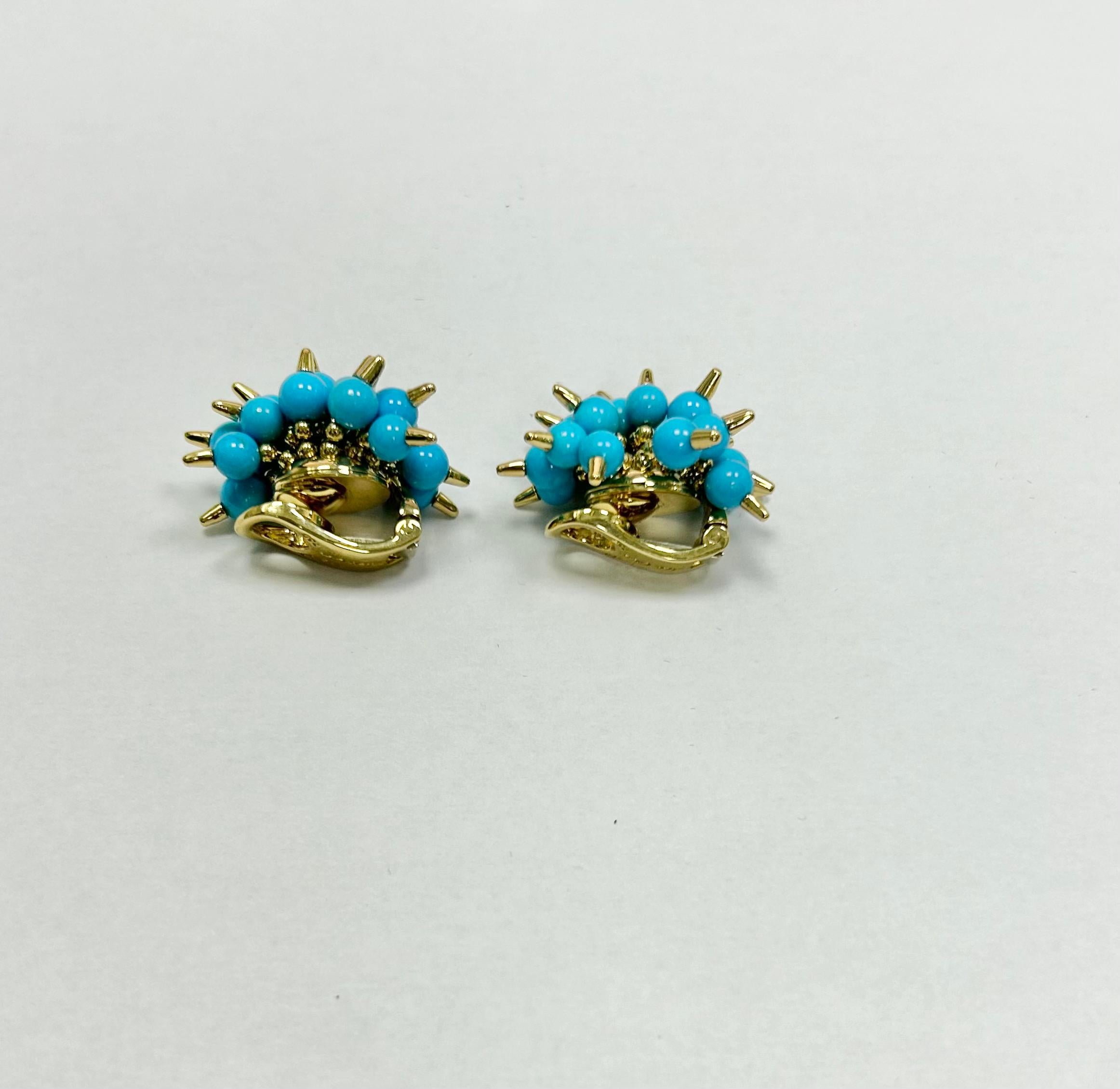 Gorgeous movable turquoise with gold spikes approx 38 total ear clip earrings by Alittle brother stamped 750 