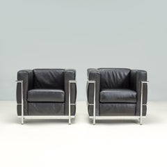 Le Corbusier by Alivar LC2 Black Leather Armchairs, Set of 2