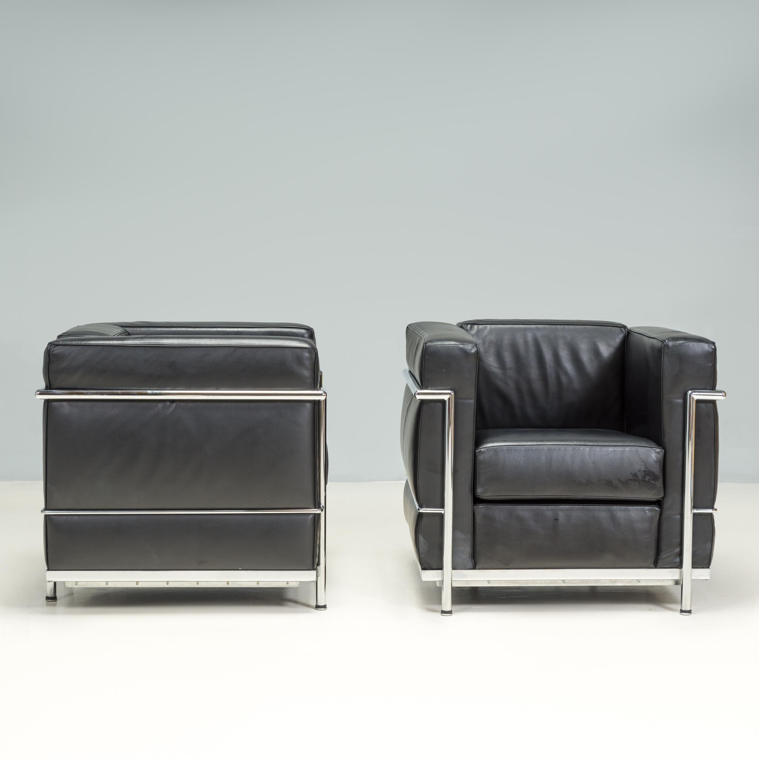 Italian Le Corbusier by Alivar LC2 Black Leather Armchairs, Set of 2