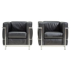 Le Corbusier by Alivar LC2 Black Leather Armchairs, Set of 2