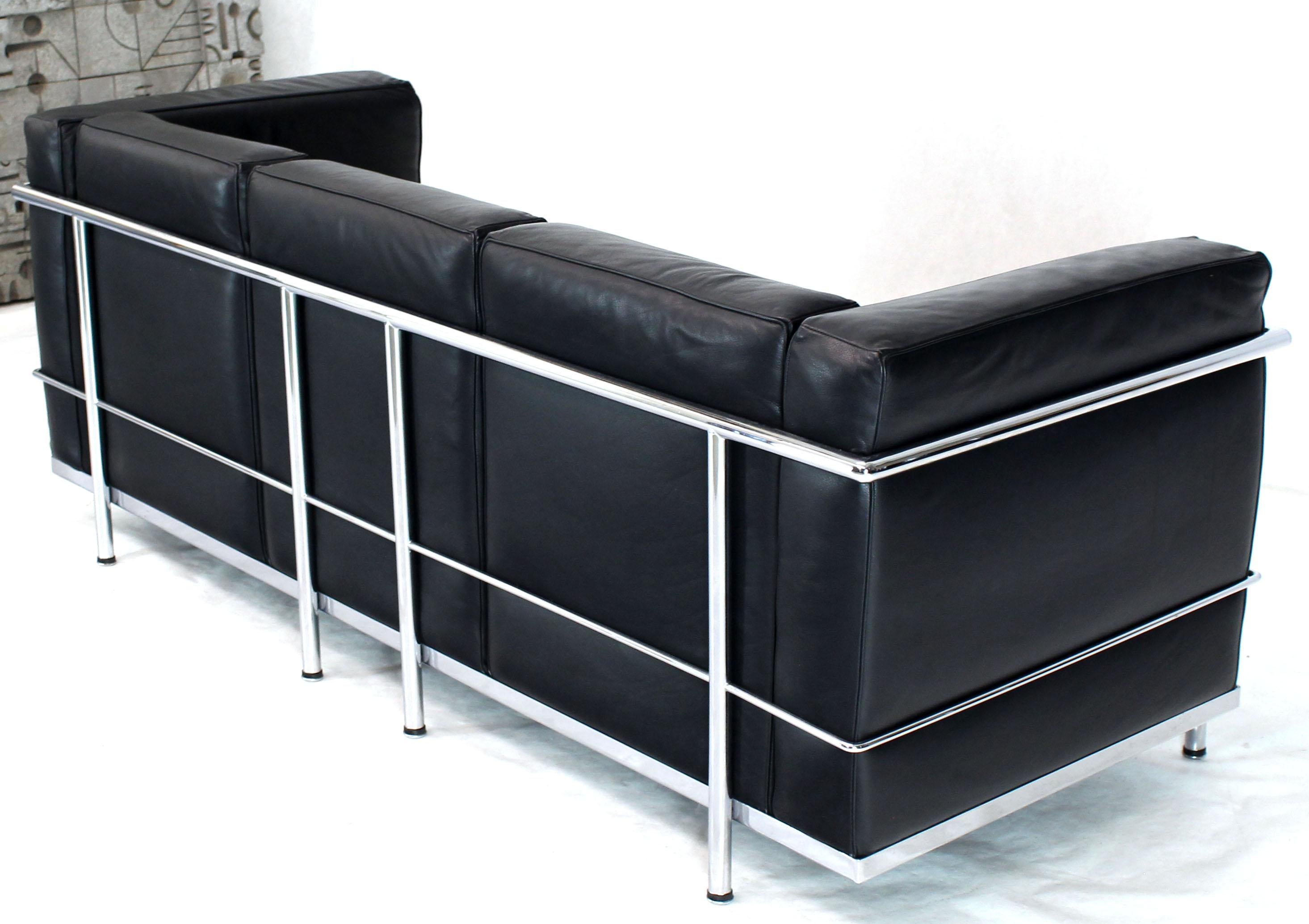 Mid-Century Modern Alivar Le Corbusier Black Leather Three-Seat Sofa