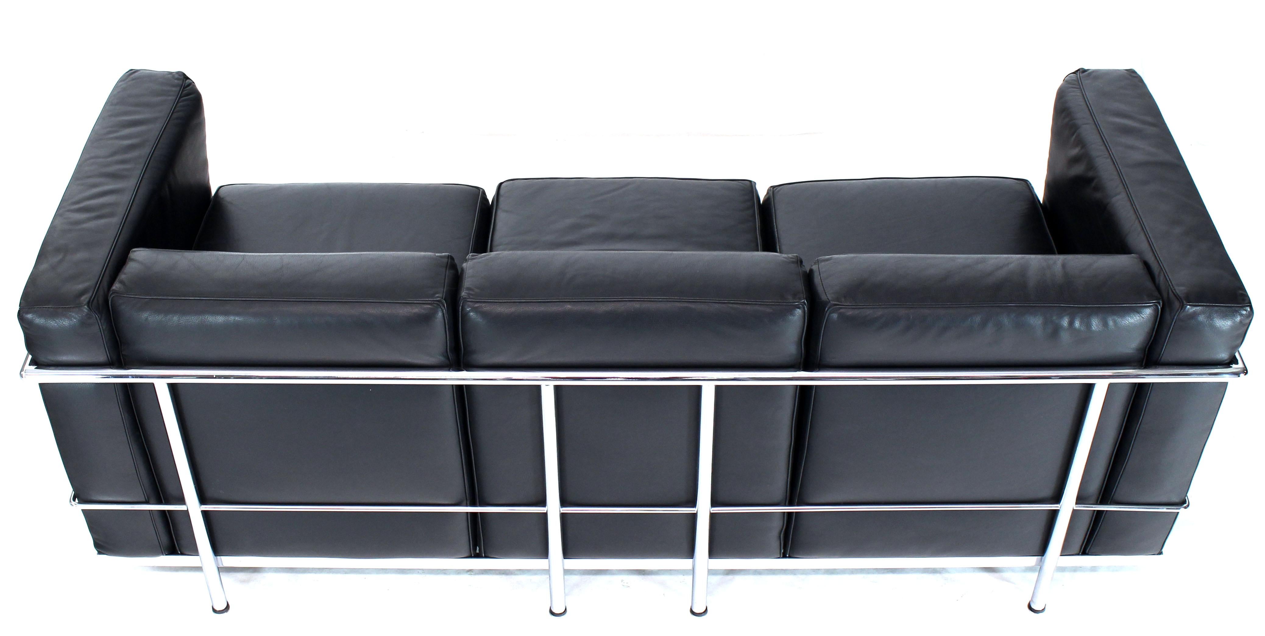 Italian Alivar Le Corbusier Black Leather Three-Seat Sofa