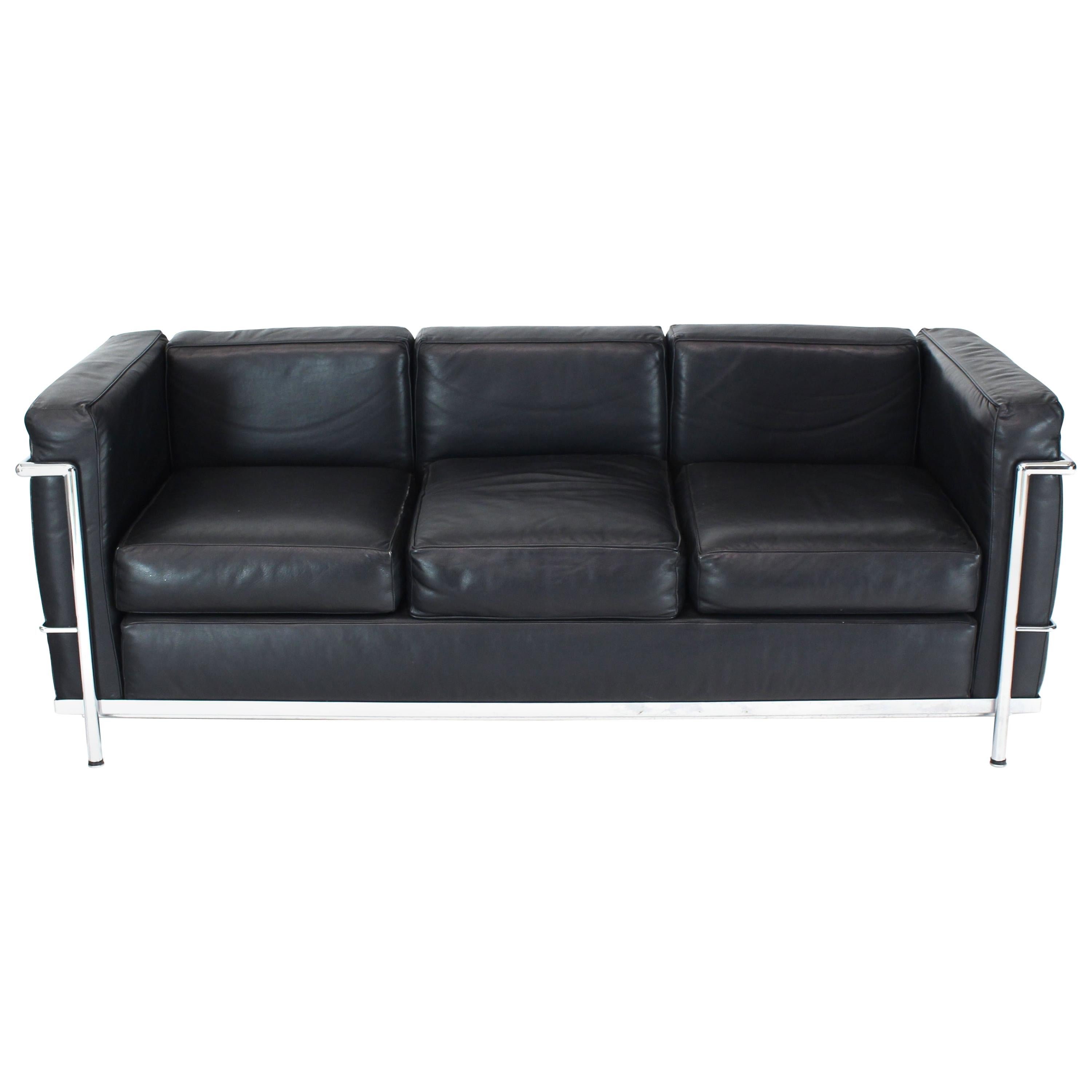 Alivar Le Corbusier Black Leather Three-Seat Sofa