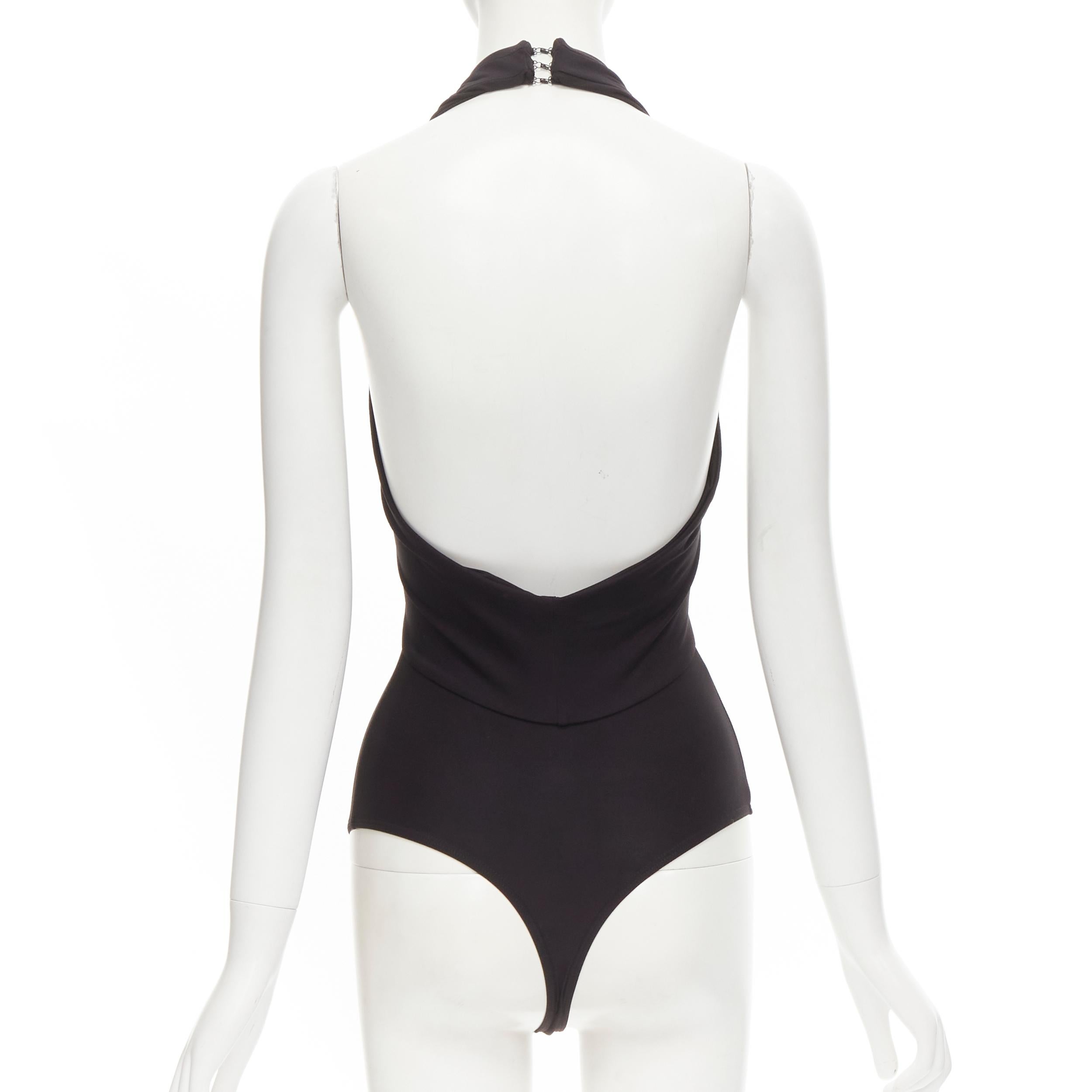 Women's ALIX NYC black plunge neck halter open back body suit top XS