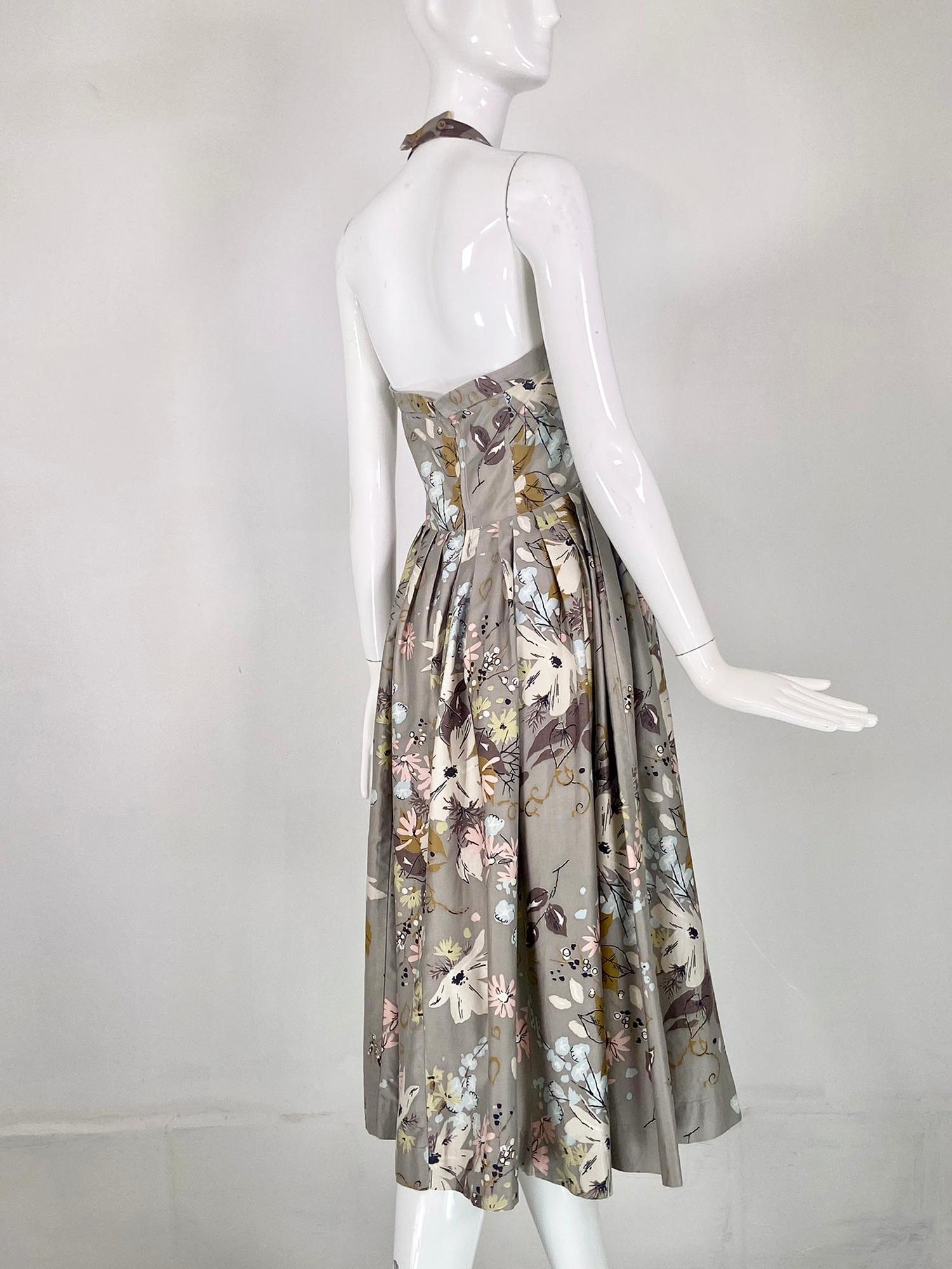 Gray Alix of Miami Halter Neck Modernist Hearts & Flowers Print Sun Dress 1950s For Sale