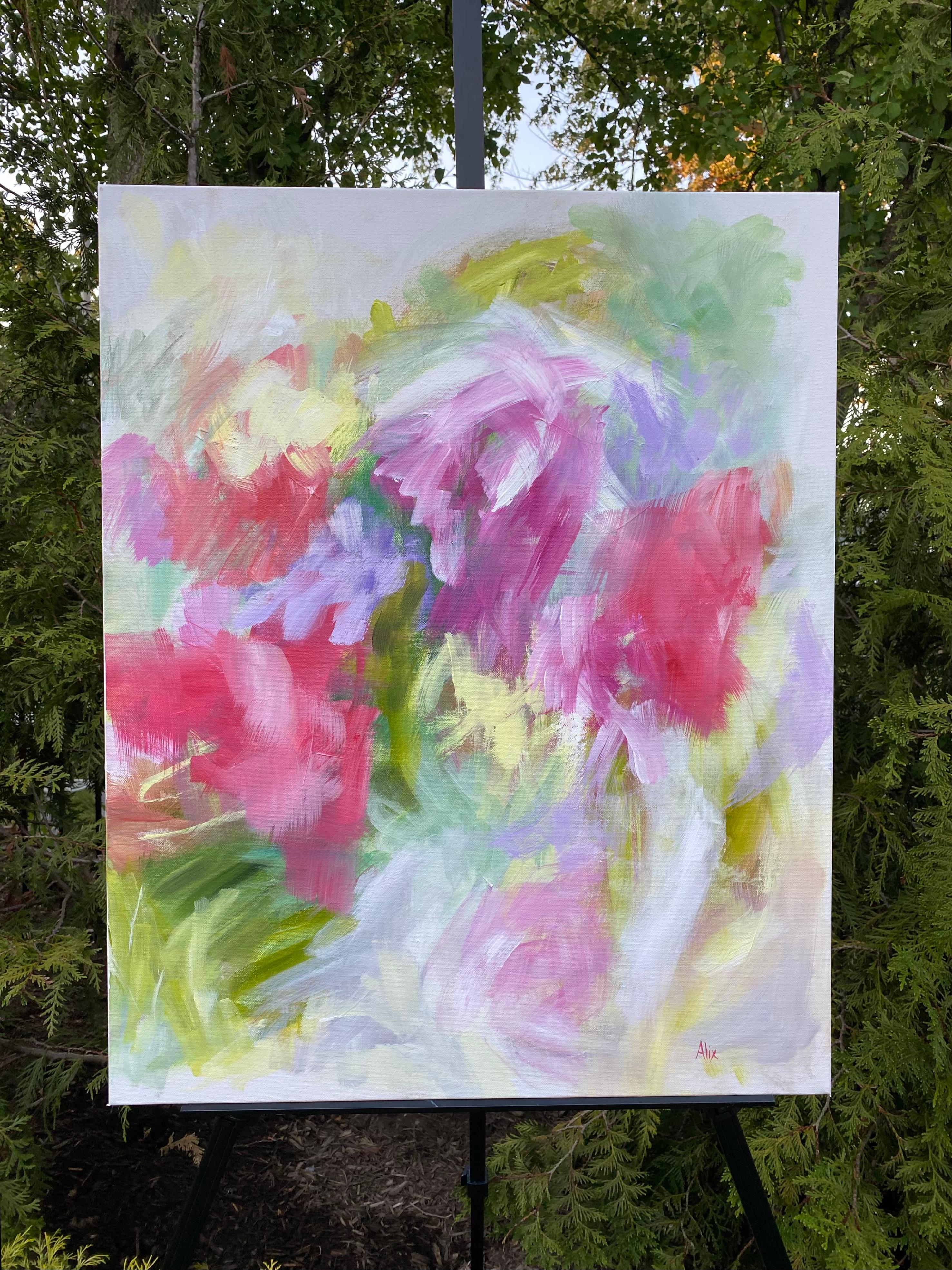 <p>Artist Comments<br>Artist Alix Palo presents an abstract portrayal of a soothing garden scene. The symphony of red, green, and violet burst into a blooming display of nature. The interplay of expressive lines and markings mirrors the loose and