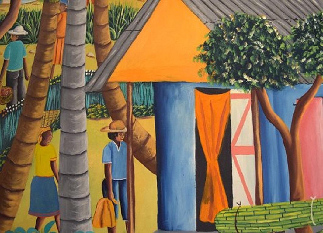 Late 20th Century Alix Pierre, Haitian Artist, Naivist School, Oil on Canvas, Town Scene