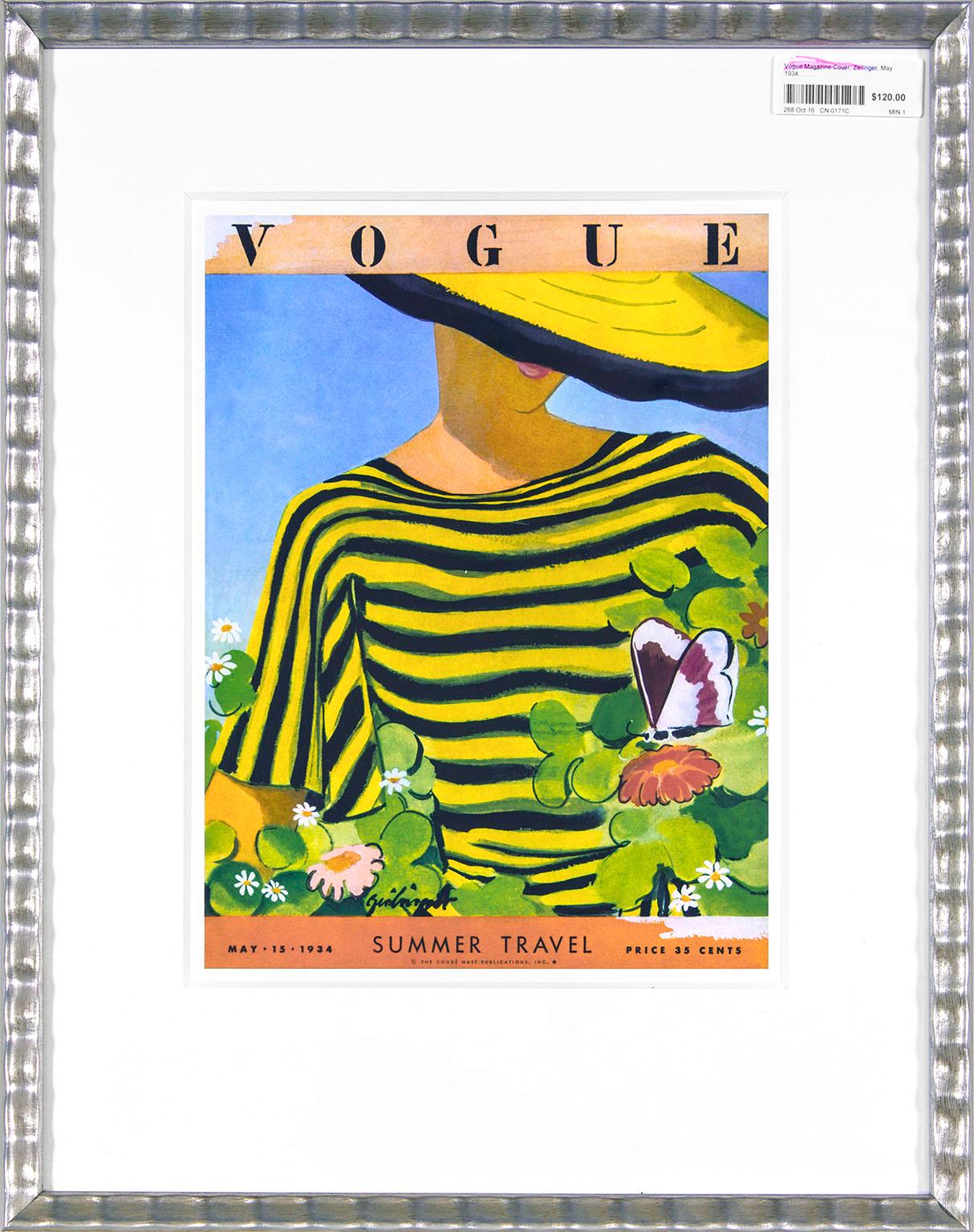 Gerahmter Druck des Titelblatts der Zeitschrift "Vogue" vom 15. Mai 1934 von Alix Zeilinger für die Sommerreise-Ausgabe, auf dem eine Frau mit gelbem Hut und schwarz-gelben Streifen zu sehen ist, die einen Schmetterling auf einer Blume betrachtet.