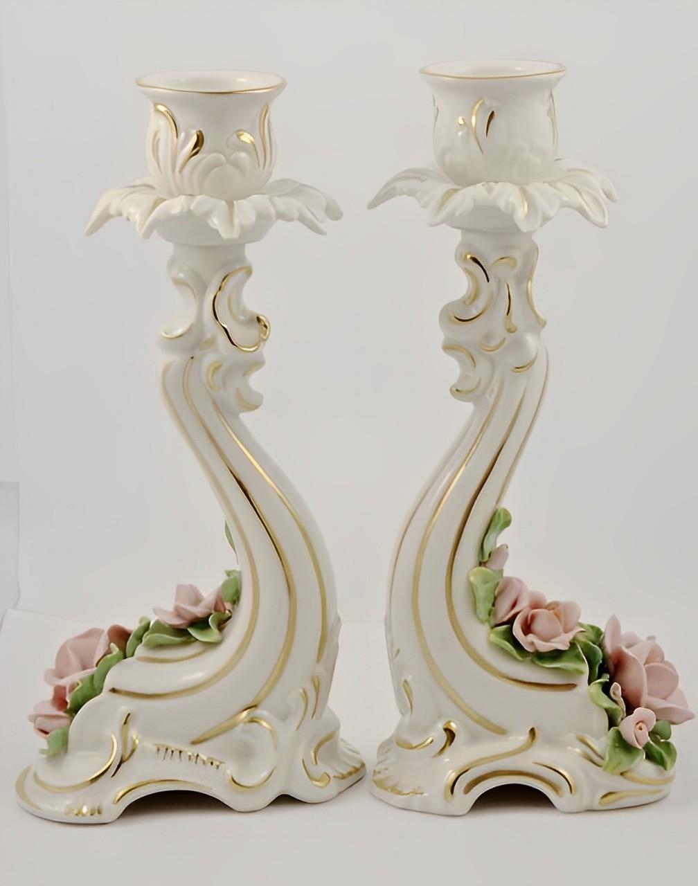 German Alka Kunst Pair of Porcelain Rose Candlesticks circa 1950s For Sale