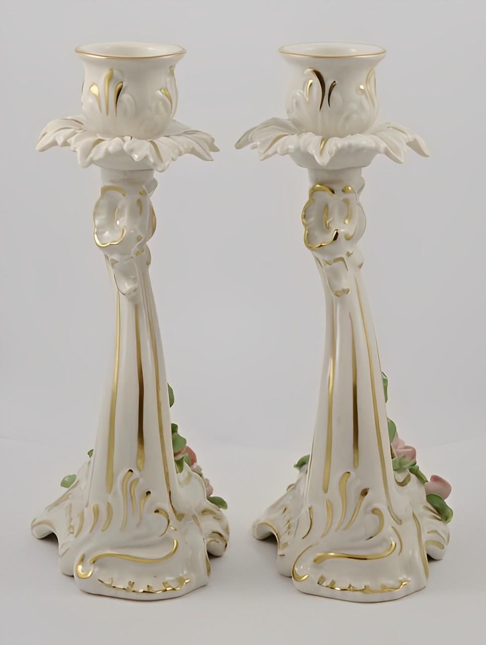 Alka Kunst Pair of Porcelain Rose Candlesticks circa 1950s In Good Condition For Sale In London, GB