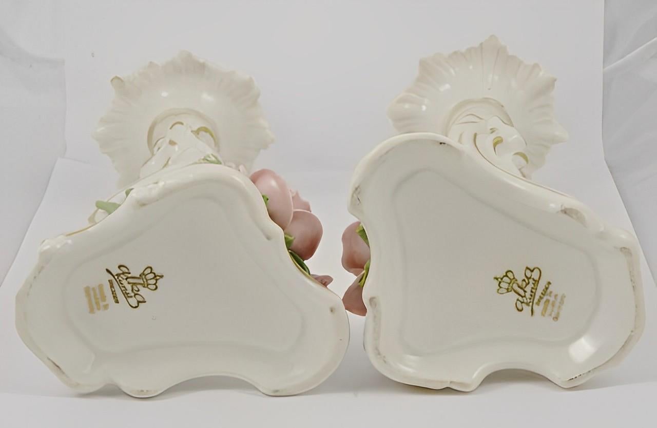 Mid-20th Century Alka Kunst Pair of Porcelain Rose Candlesticks circa 1950s For Sale