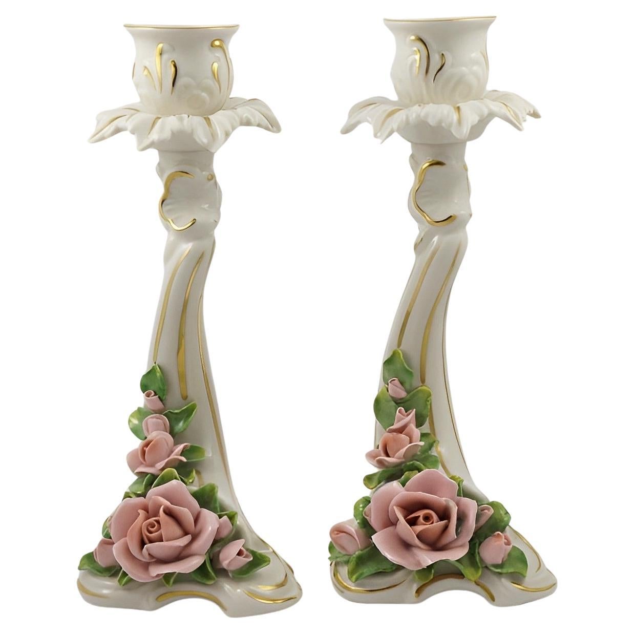 Alka Kunst Pair of Porcelain Rose Candlesticks circa 1950s For Sale