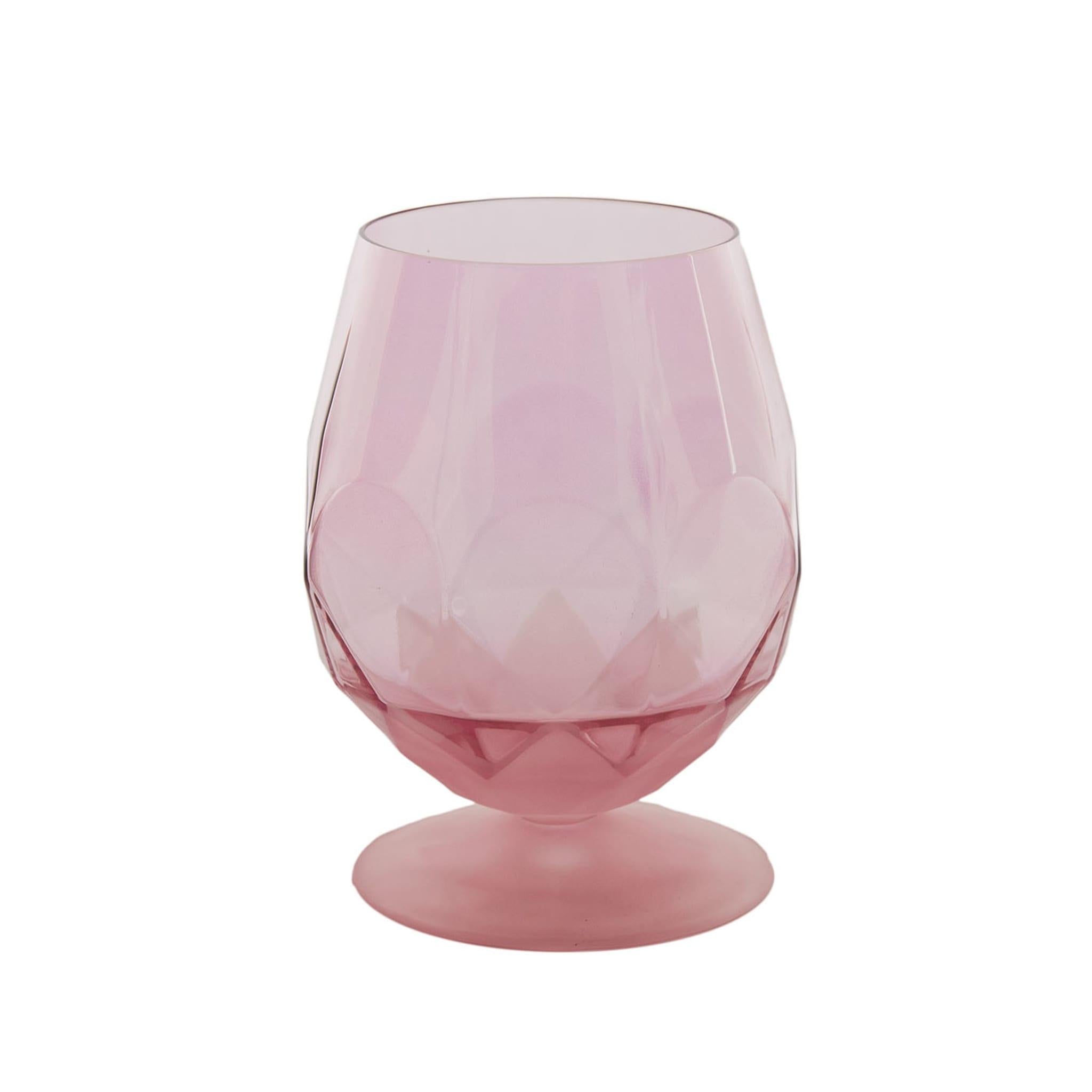 Modern and sophisticated aesthetic meets the lively character of a rainbow palette in this singular glassware set, composed of six glasses. Featuring a round base sustaining a bulging and capacious bowl, each piece is fashioned of sandblasted glass