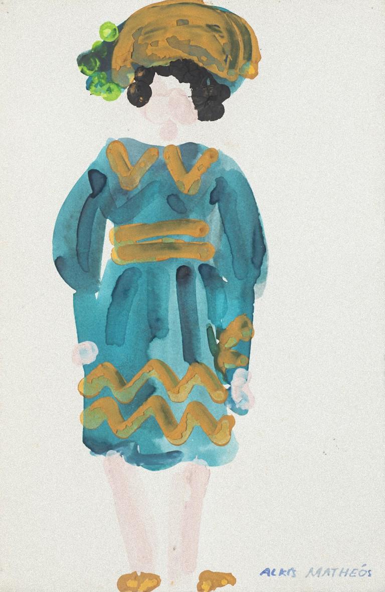 Costume - Original Mixed Media auf Papier von Alkis Matheos - Mitte des 20. Jahrhunderts