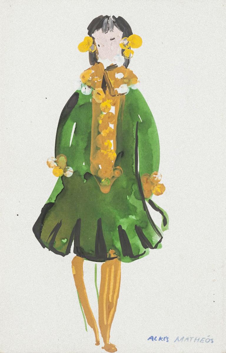 Costume - Techniques mixtes originales sur papier d'Alkis Matheos - Milieu du XXe siècle