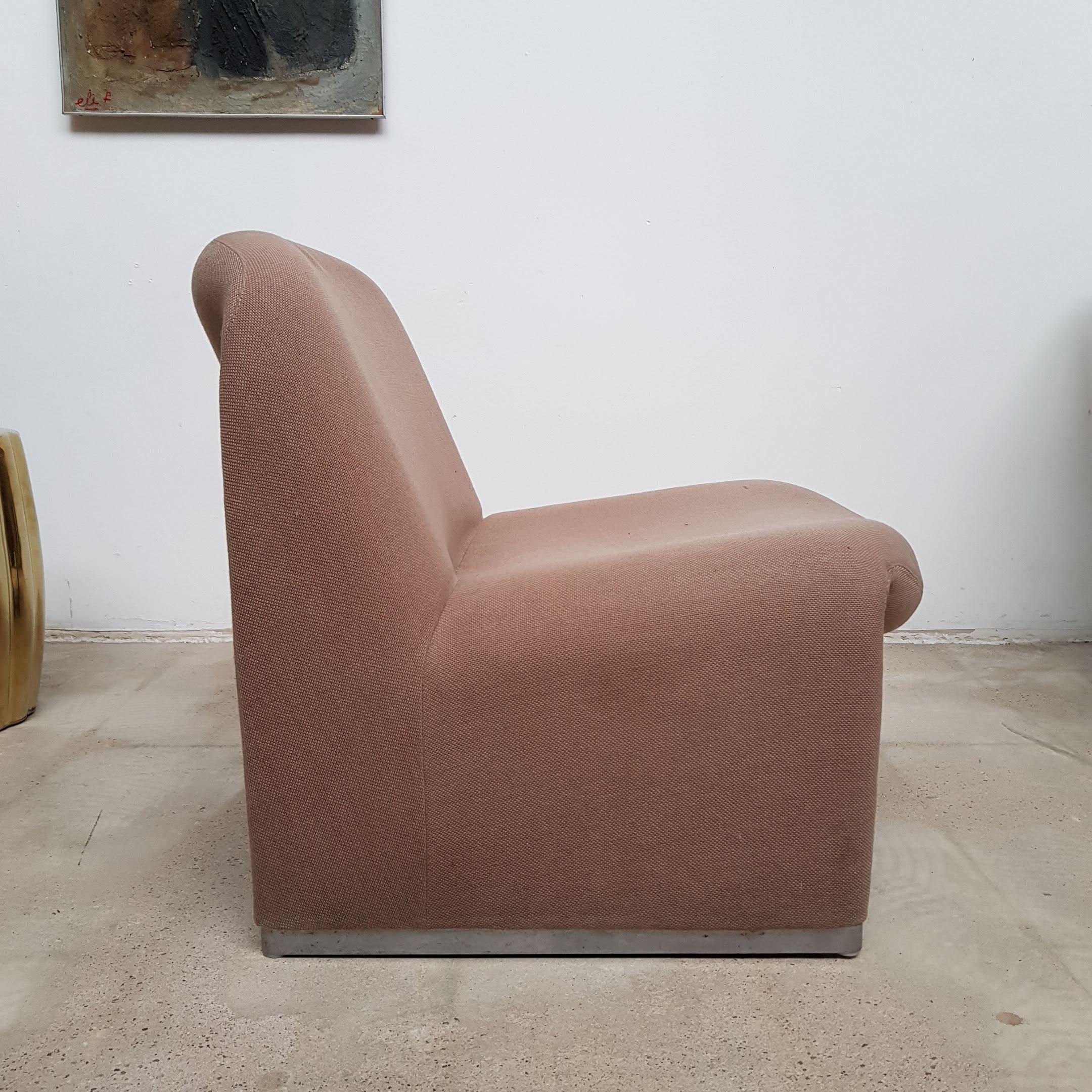 Set of two brown/beige armchairs, model Alky by Giancarlo Piretti. Produced by Castelli in Italy in the 1970s. Original fabric. Aluminium base. Vintage condition. Re-upholstery is possible, price on request.