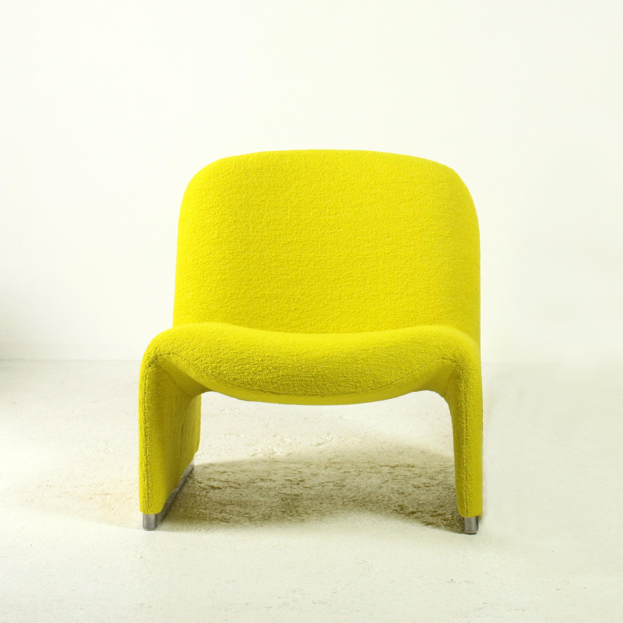 Aluminum Alky Chair by Giancarlo Piretti in Yellow Bouclé for Castelli Italy 1970s For Sale