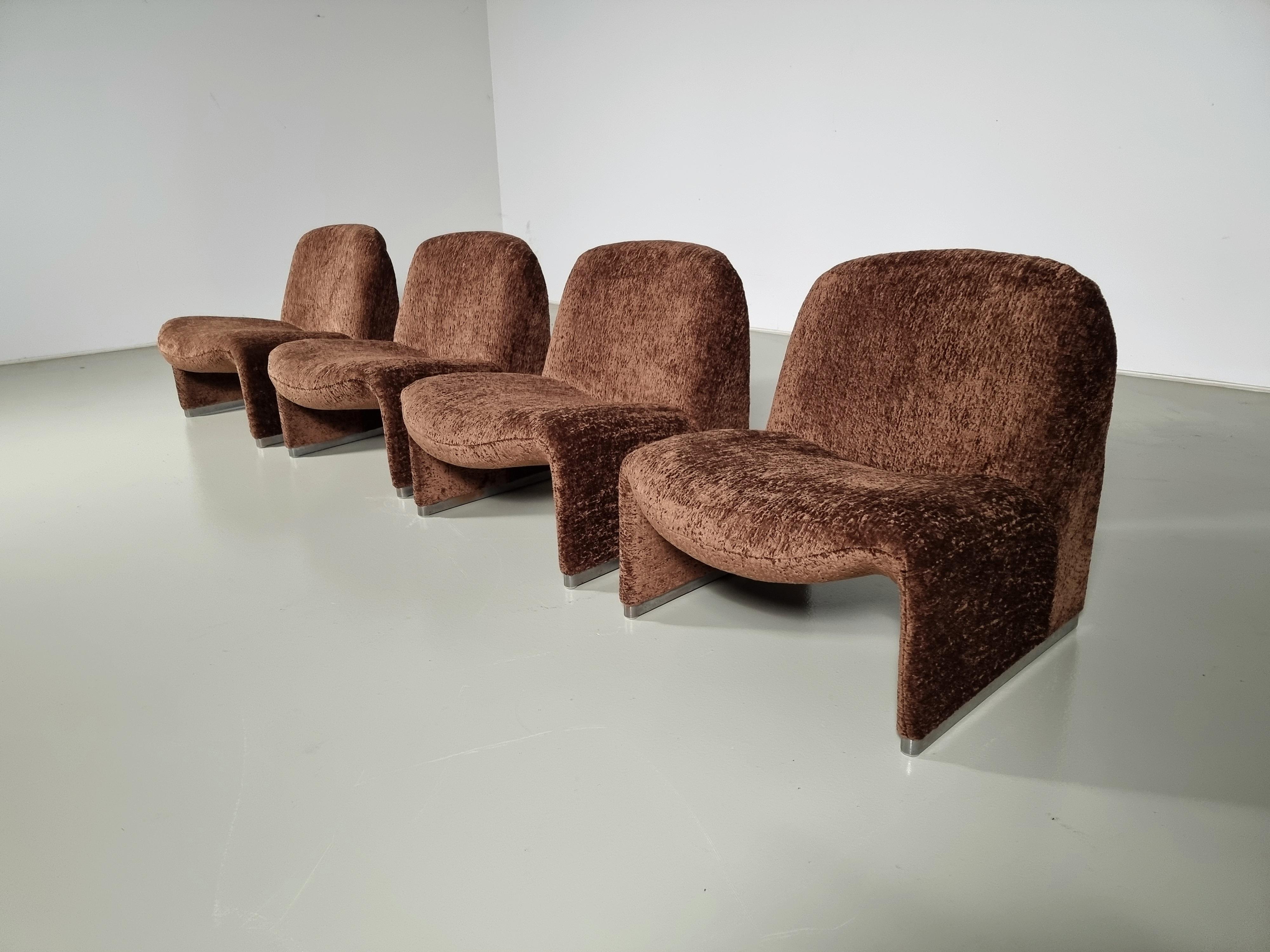 Alky chair by Giancarlo Piretti for Castelli, 1970s. Reupholstered in a beautiful high-quality boucle by Pierre Frey. Aluminum frame and polished chrome footrests. Beautiful organic curves are reminiscent of Pierre Paulin's designs. We have 4