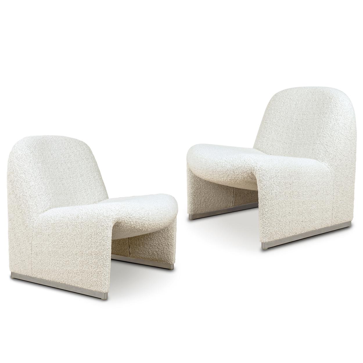 Giancarlo Piretti designed lounge “Alky” chairs newly upholstered in a high-end Bouclé fabric Karakorum 007 DEDAR Aluminum frame and polished chrome foot rests. Beautiful organic curves reminiscent of Pierre Paulin designs. Produced by Castelli,