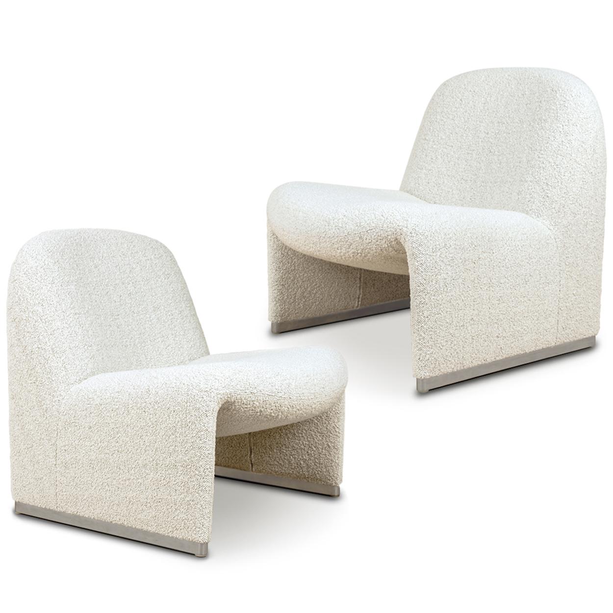 Giancarlo Piretti designed lounge “Alky” chairs newly re=filled and upholstered in a high-end Bouclé fabric Karakorum 007 DEDAR. A onderful heavy quality fabric  
The bouclé that intertwines wool and viscose in an uneven texture of loops and curls,